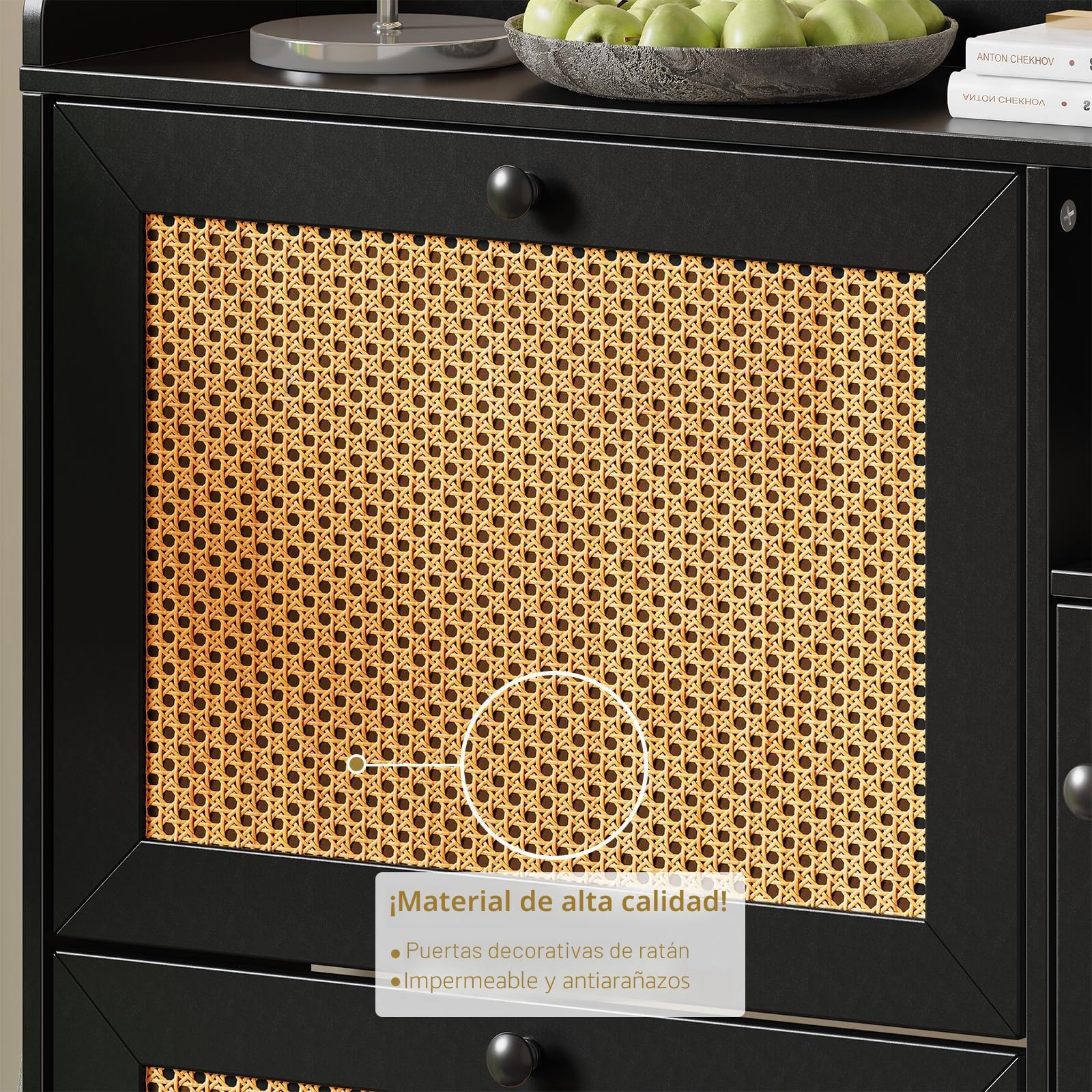 Mueble Zapatero de Ratán de 3 Niveles con Puerta Basculante, 3 Cajones Abatibles, Estantes Ajustables y Compartimentos Abiertos, Zapatero Entrada Recibidor Estrecho con Una Valla en la Parte Superior