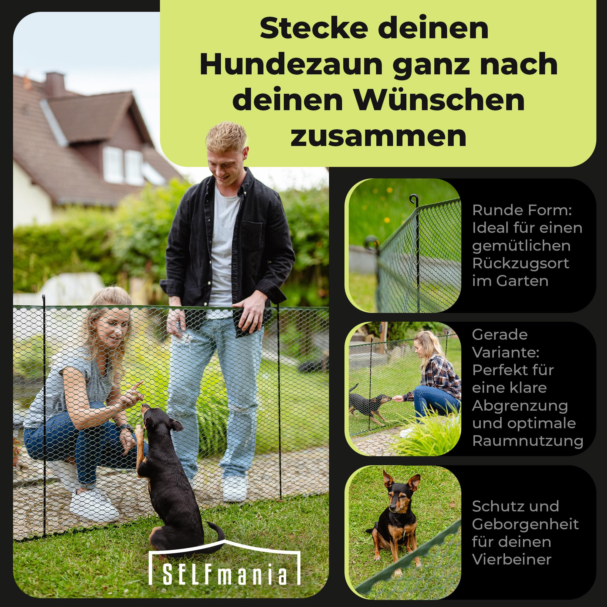 Hundezaun 25m lang 90cm hoch SCHWARZ [TESTSIEGER] inkl. 21x Stäbe & 25x Erdanker | Begrenzungszaun Robust & Mobil | Flexibler Zaun für Hunde | Sorgloser Hundeauslauf im Garten & Camping