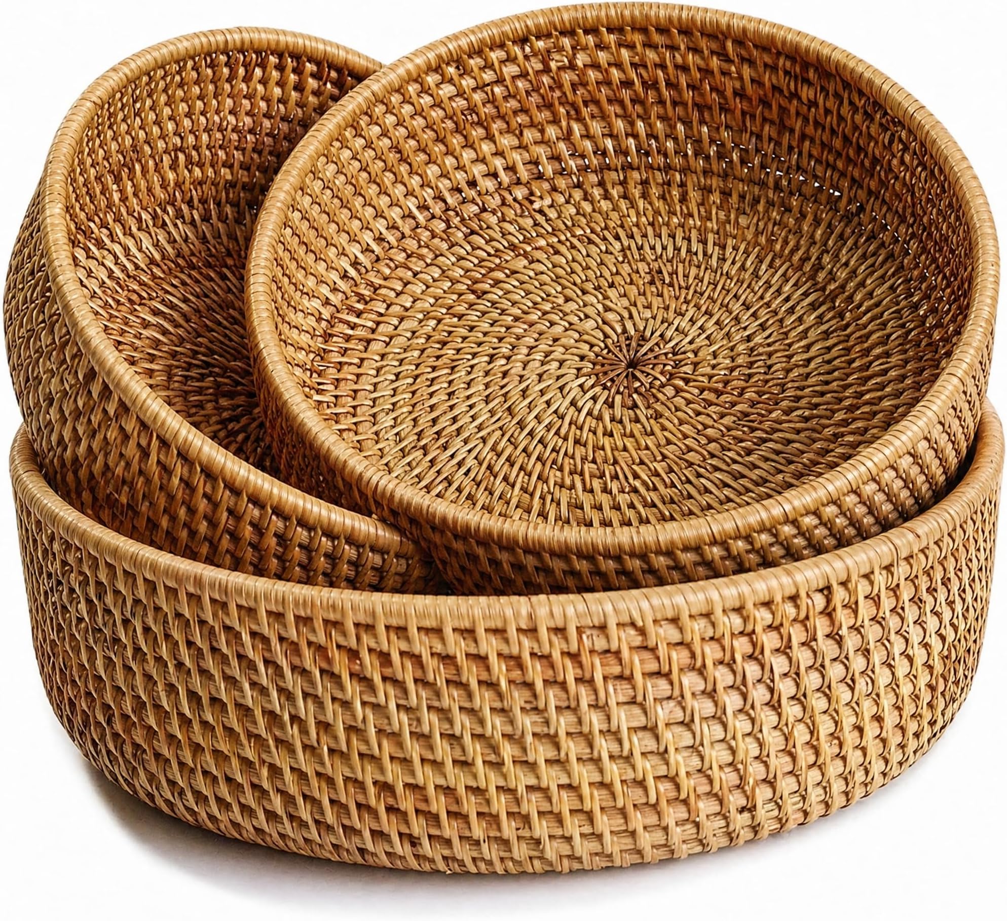 Fruit Basket Set, Wicker Basket Rattan Fruit Bowls, Round Bread Baskets, Handwoven Storage Basket, Natural Serving Bowls Kitchen Counter Dining Room Snack Vegetable 8.7”, 10.2”, 11.2” (Set of 3)