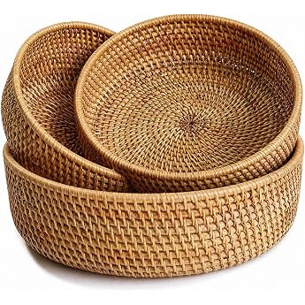 Round Rattan Fruit Baskets Natural Basket Fruit Bowls Braided Storage Baskets for Dining Room Set of 3