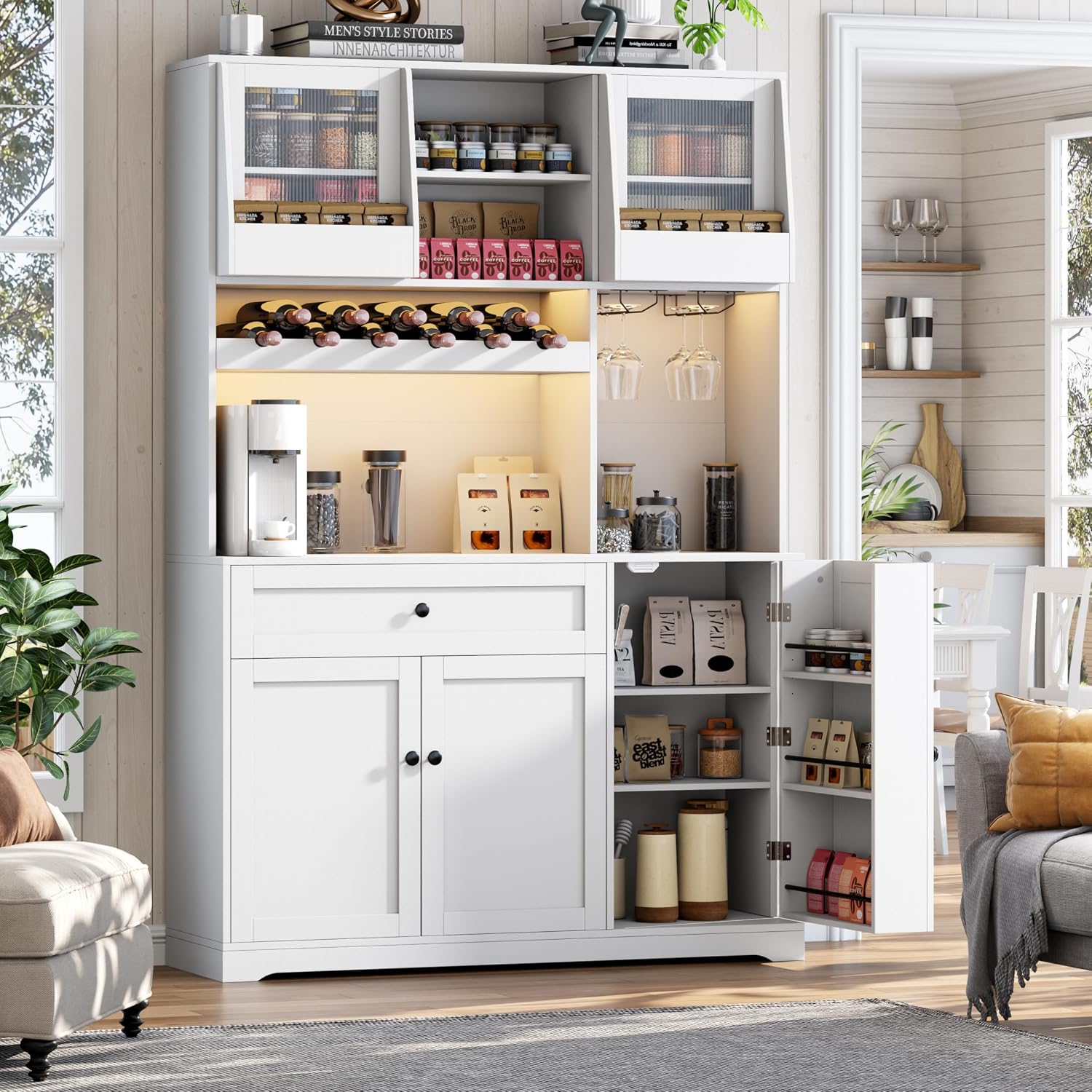 Gyfimoie 71" Pantry Cabinet with LED Light & Outlet, Kitchen Hutch Storage Cabinet with 6 Adjustable Shelves and 3 Hanging Rack Shelves,Food Pantry for Kitchen, Dining Room or Living Room, White