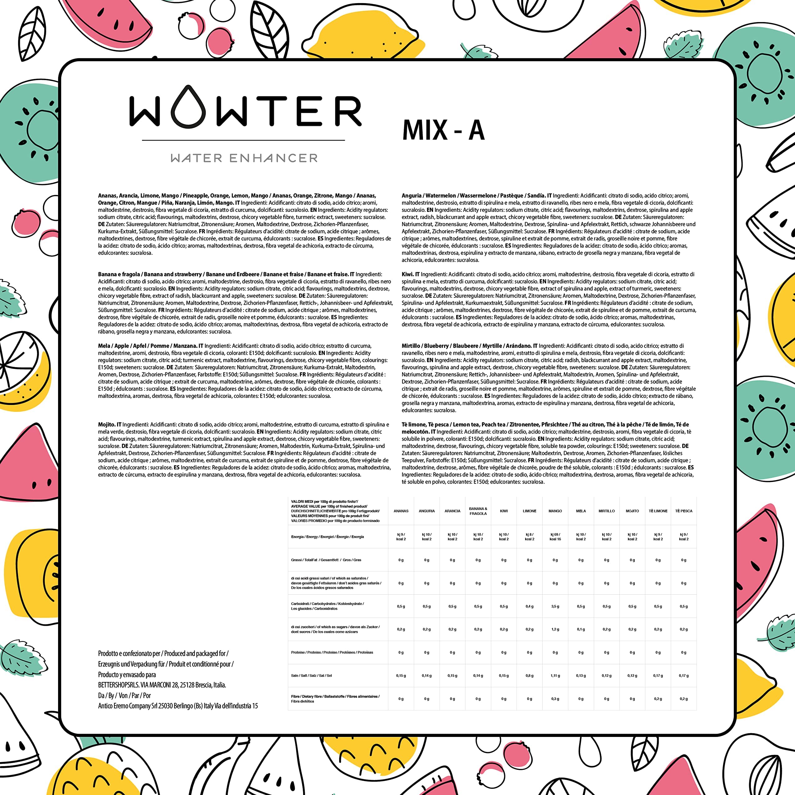 WOWTER by AMZ BETTER, Bebida Instantánea, Surtido de 12 Gustos Mezcla de Frutas, Para Aromatizar el Agua, Sin Calorías, Libre de OMG, Sin Gluten, Sin Azúcares, Made in Italy, 48