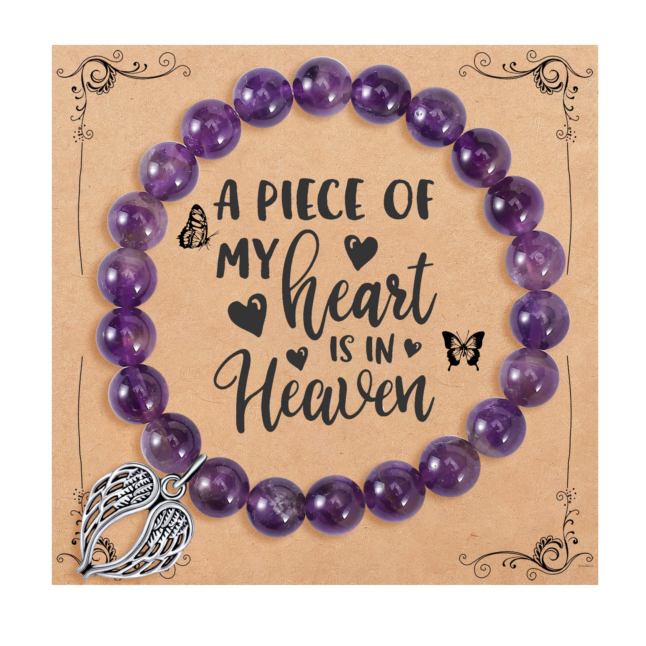 Memorial Gifts for Loss of Loved Sympathy Remembrance In Memory of Mother Father Pet Bereavement Grief Pink Red Purple Beads Bracelet with Angle Wings Jewelry Gifts for Women Girls