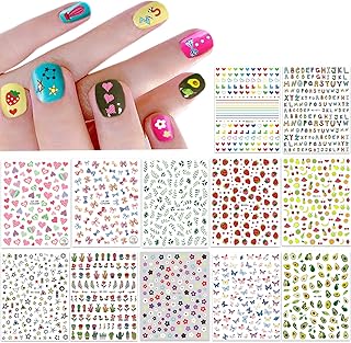 New 12 Large Sheets of Cute Nail Stickers for Women and Teen Girls Self Adhesive Nail Decals for Nail Art Decoration Including Hearts Stars Letters Bowknot Leaves Flowers Plants Fruits Butterflies