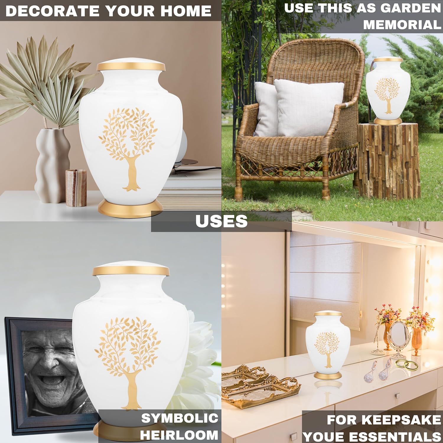 ALPHA Living HOME Urns for Human Ashes Adult Female and Male 200+ Cubic Inches, Decorative Burial Urn, Funeral Cremation Urns for Women and Men, Handcrafted Urn for Ashes Adult, 11" Gold White - Image 5