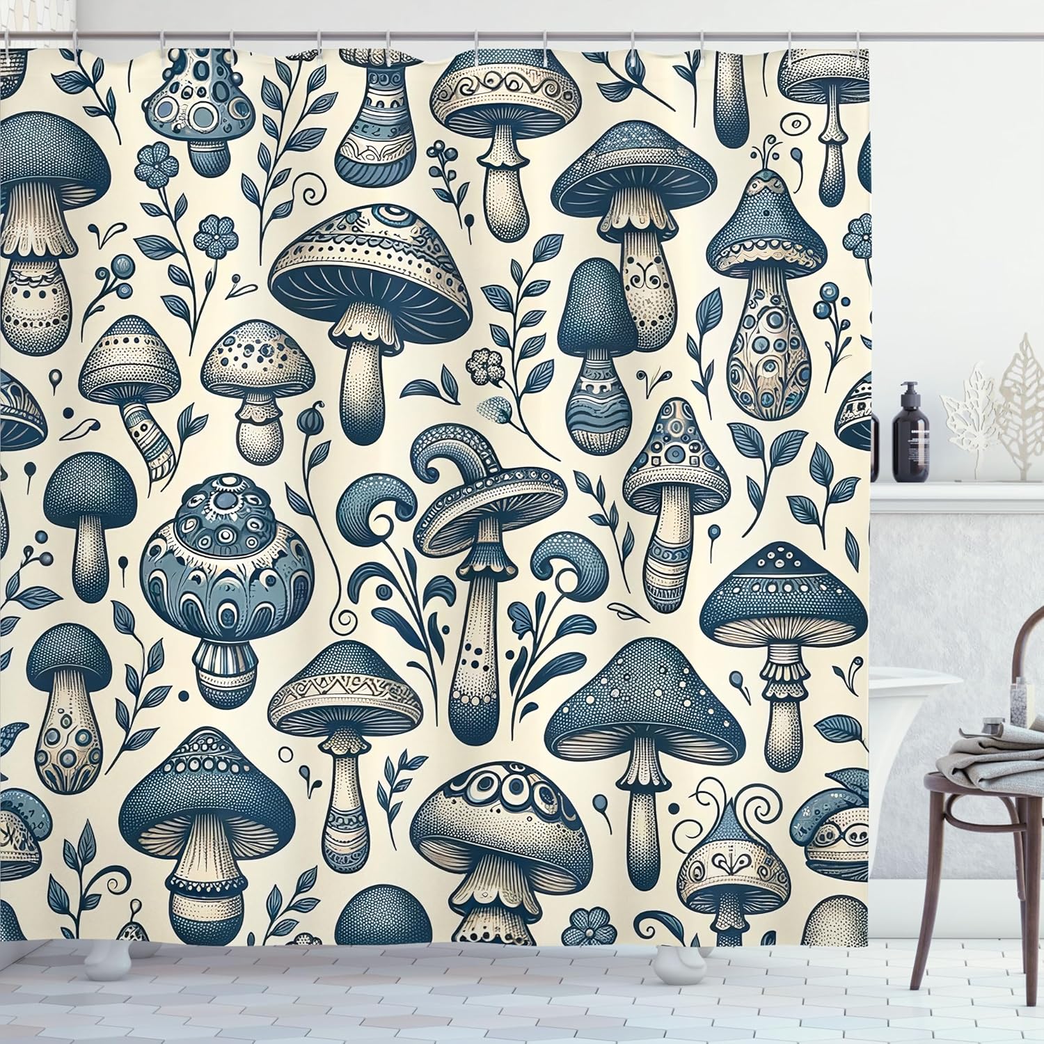 Ambesonne Mushroom Shower Curtain, Bicolour Design of Boho Woodland Concept Botanical Leafy Ornaments Print, Cloth Fabric Bathroom Decor Set with Hooks, 69" W x 84" L, Ivory and Slate Blue