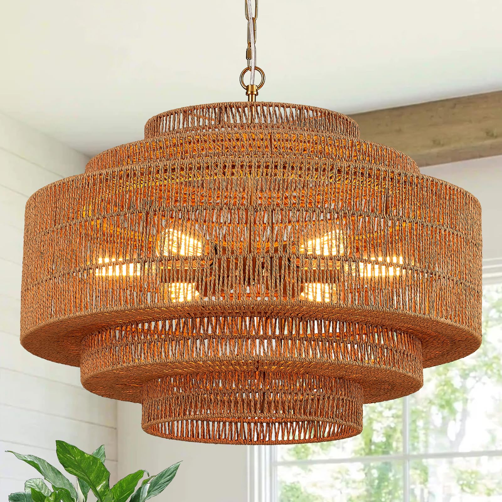 Tunkayli 25.68” Large Rattan Chandelier Light Fixture 8-Light Vintage Farmhouse Coastal Rattan Chandelier 5-Tier Hand-Woven Boho Bamboo Gold