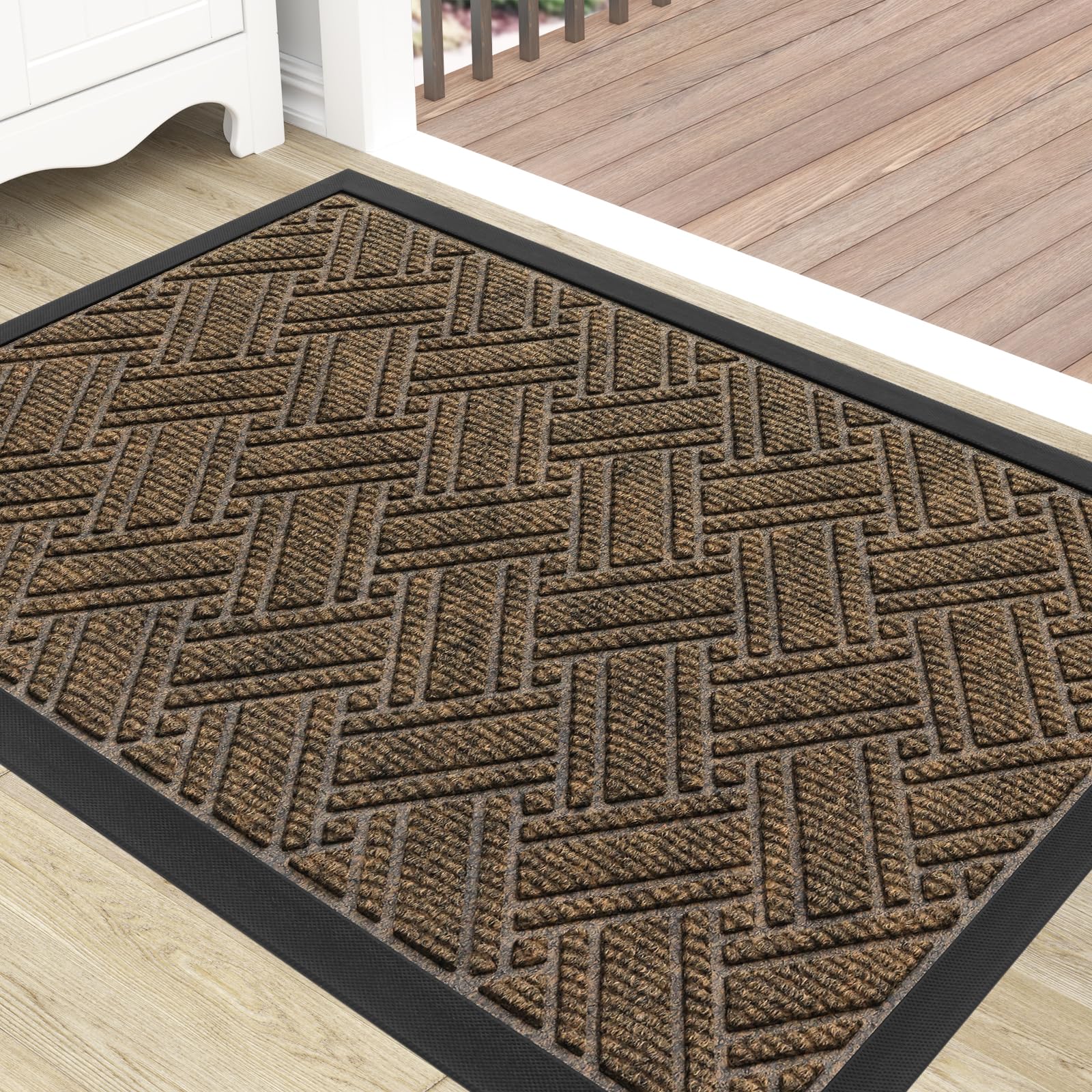 OLANLY Indoor Outdoor Mat, Sturdy Natural Rubber Floor Mat, Non Slip Low Profile Waterproof Doormat, and Stain Front Door Mat, Easy Clean Patio Entrance Mat, 30''x17'', Brown