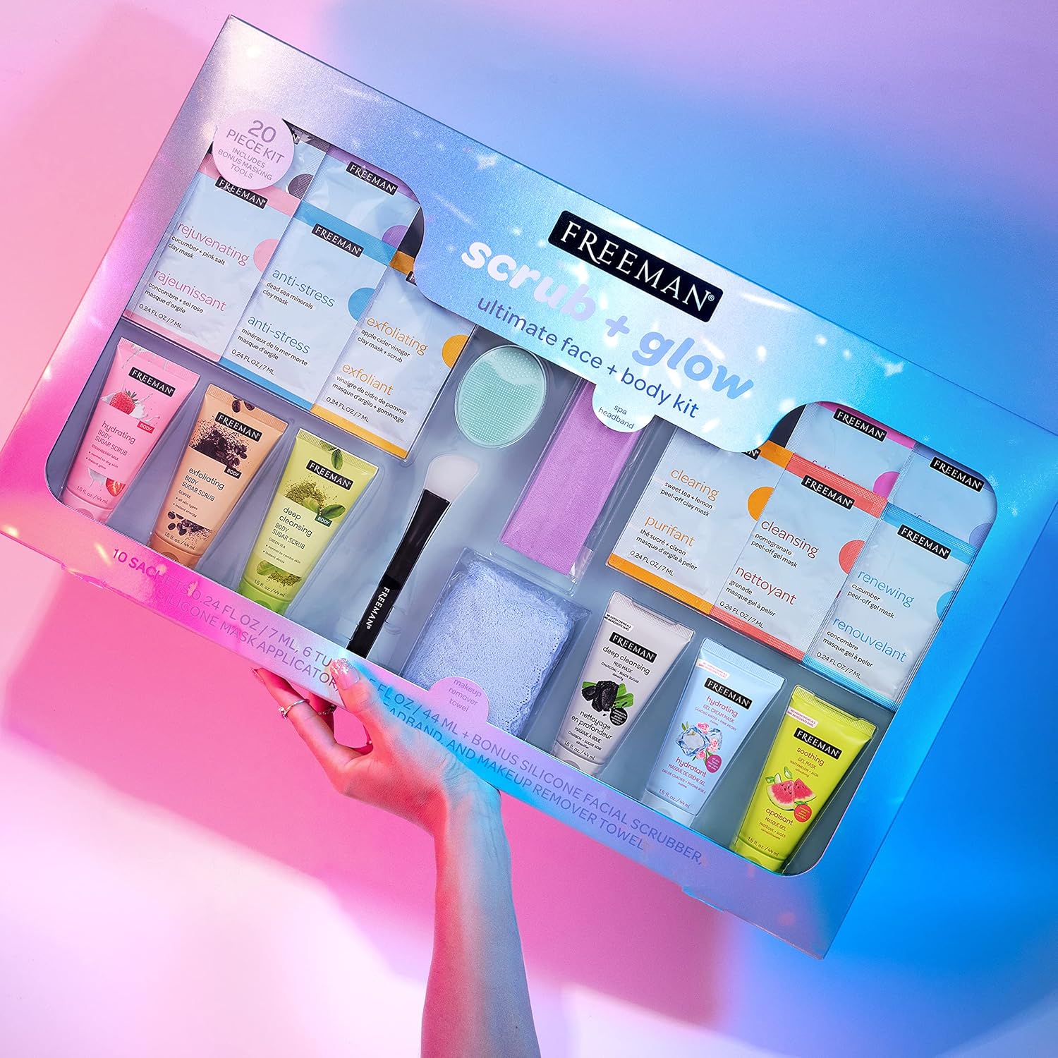 Freeman Limited Edition Scrub & Glow Ultimate Face and Body Kit, 20 Piece Mother's Day & Easter Gift Set, Facial Masks For Hydrating & Glowing Skin, Perfect for Wife, Spouse, Girlfriend, or Daughter : Everything Else