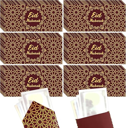 Vista 9 de Sinmoe 36 sobres de dinero Eid Mubarak a granel de 6.7 x 3.2 pulgadas, papel de aluminio dorado para tarjetas de regalo de Ramadán para decoración