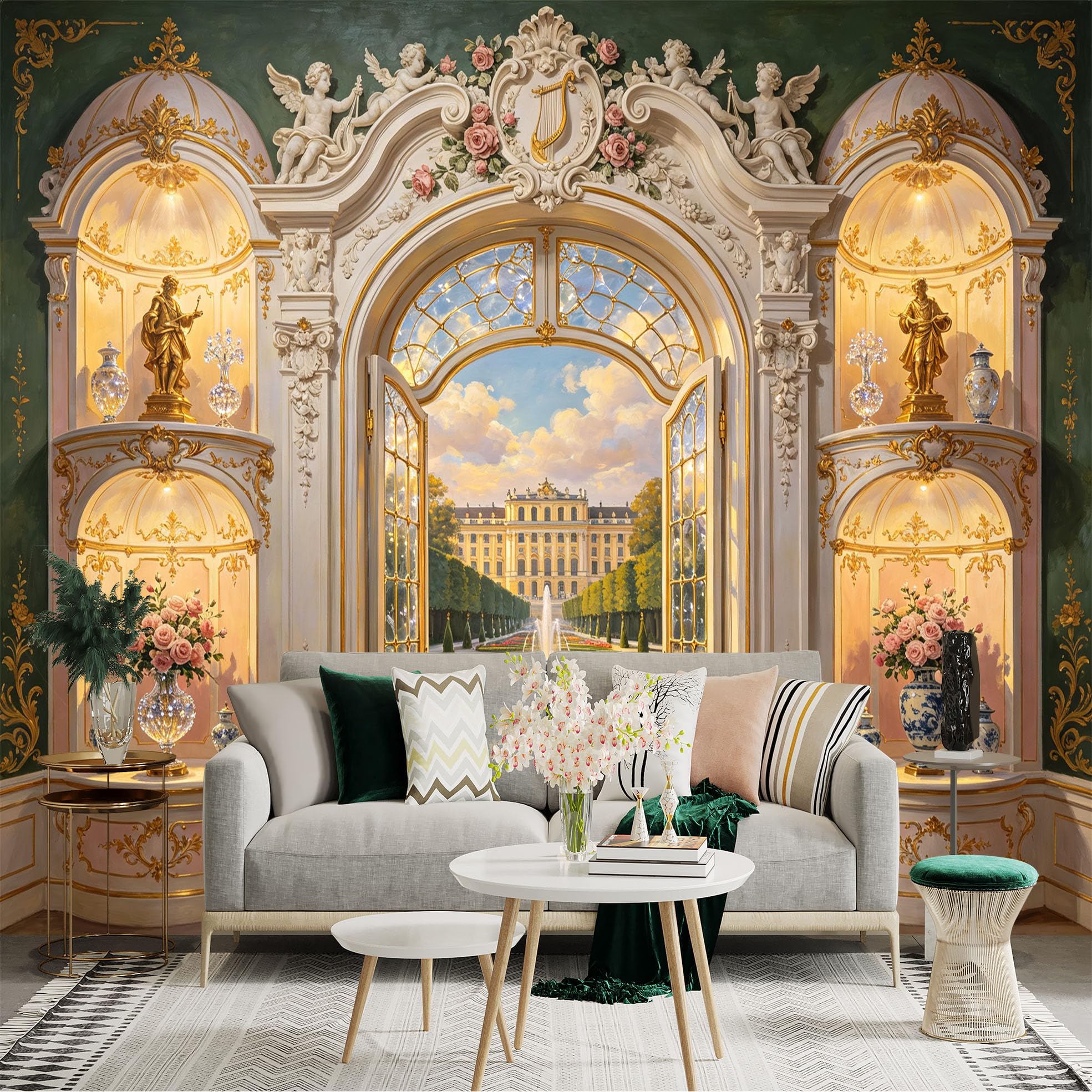 Custom Size Wall Sticker Mural， Luxury Palace Archway， Garden View and Floral Decor， for wall Decoration， peelandstick wall Decals.