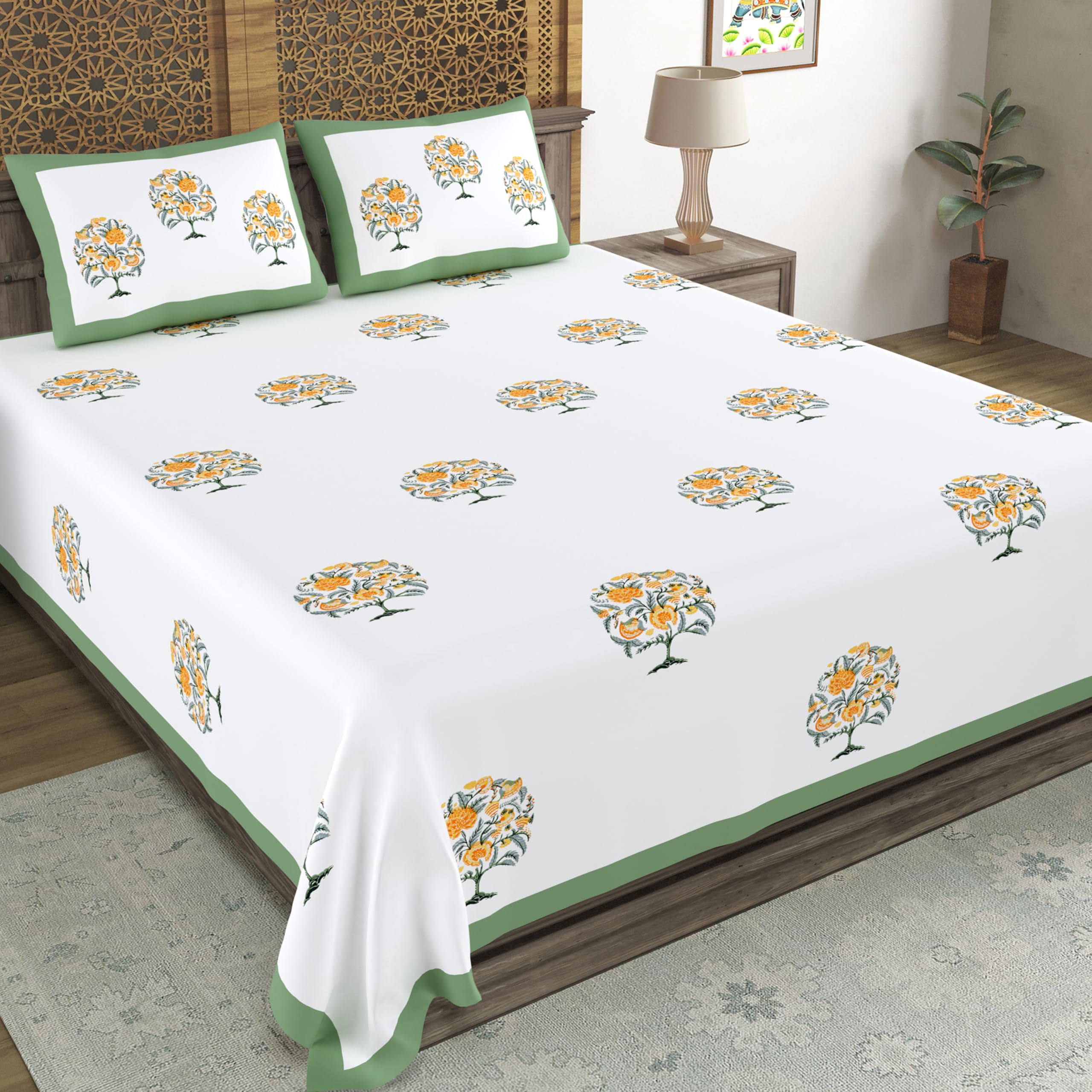 BLOCKS OF INDIA Hand Block Printed 200 TC Cotton King Size Bedsheet (Green Tree of Life)-image-40