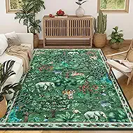 Yamaziot Washable Area Rug 5x7 – Jungle Animal Print Linen Rug for Living Room, Low Pile Non Slip Boho Floor Carpet for Indoor Outdoor Rug, Bedroom, Living Room, Dining Room, Forest Green