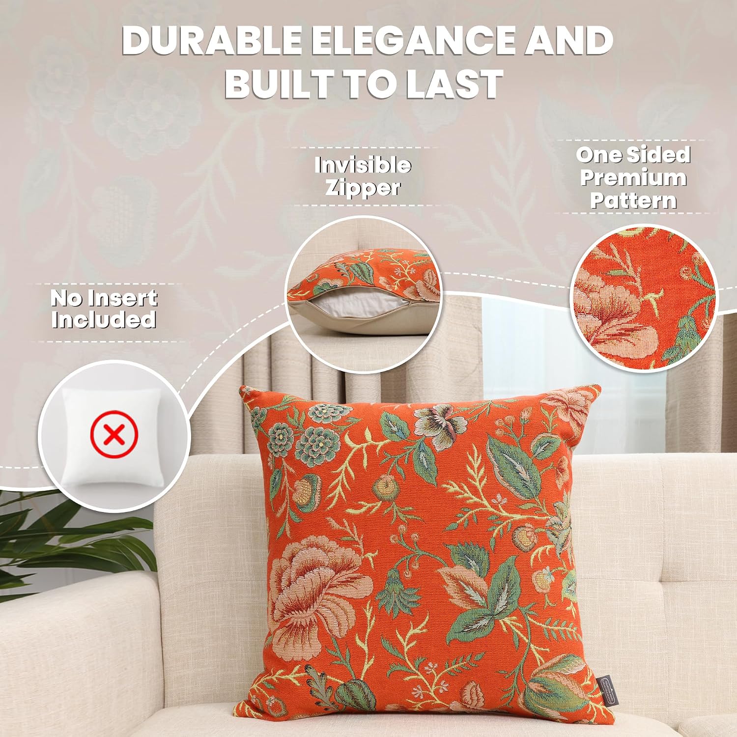 Charlotte Home Furnishings Decorative Pillow Covers for Couch 19x19 in Tapestry Throw Pillow Cover for Living Room Decor Peony Orange Floral Pillow Covers French Made Soft Cotton Jacquard Woven