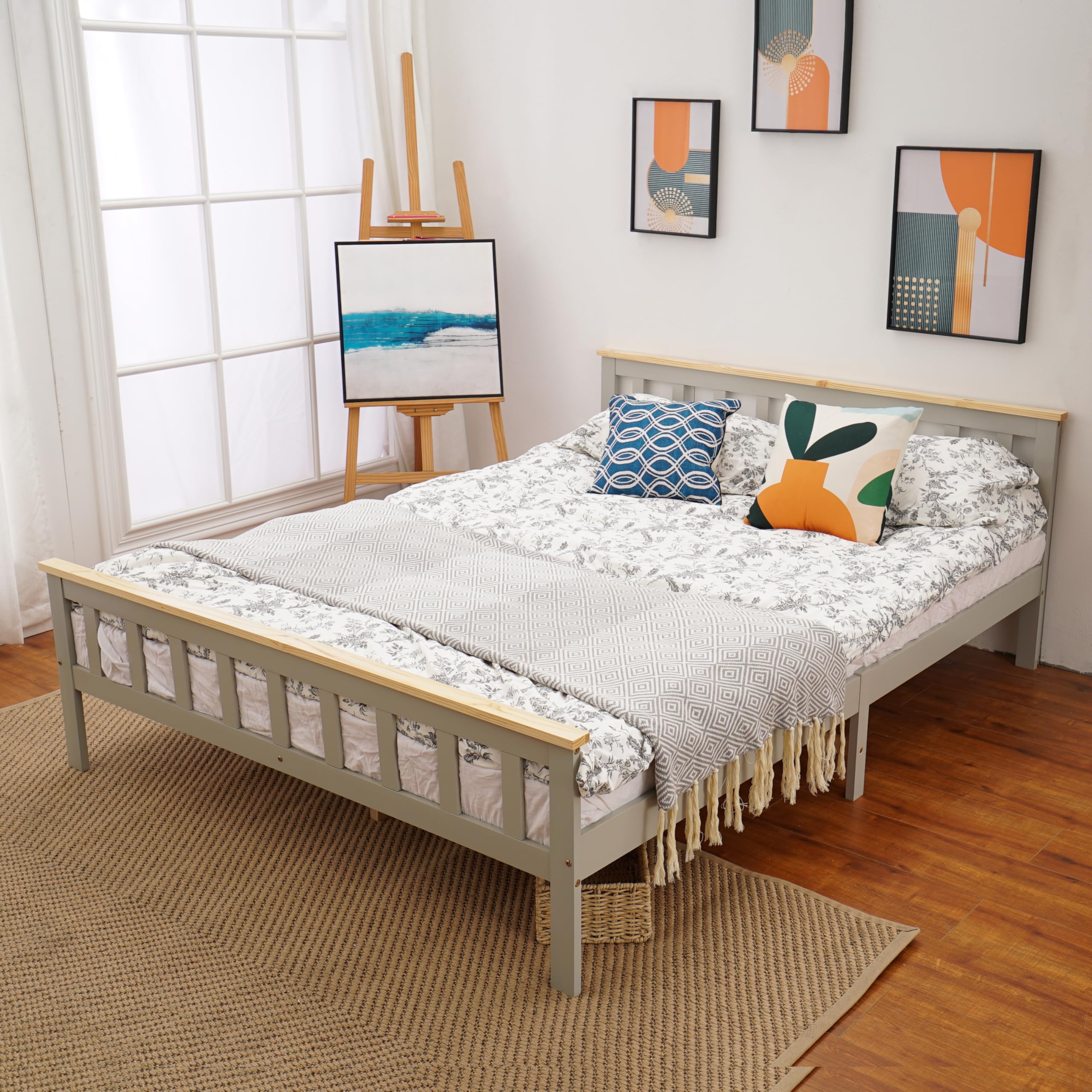 Panana Grey+Natural 4FT6 Wooden Pine Shaker Bed | Slatted Base Solid Wood Construction for Bedroom Furniture (Grey/Natural, Double)