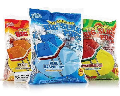 Big Slice Pops - Paquete variado de 3 sabores - 3 sabores de paletas grandes - Melocotón frambuesa azul y caramelo de sandía - Paletas de caramelo