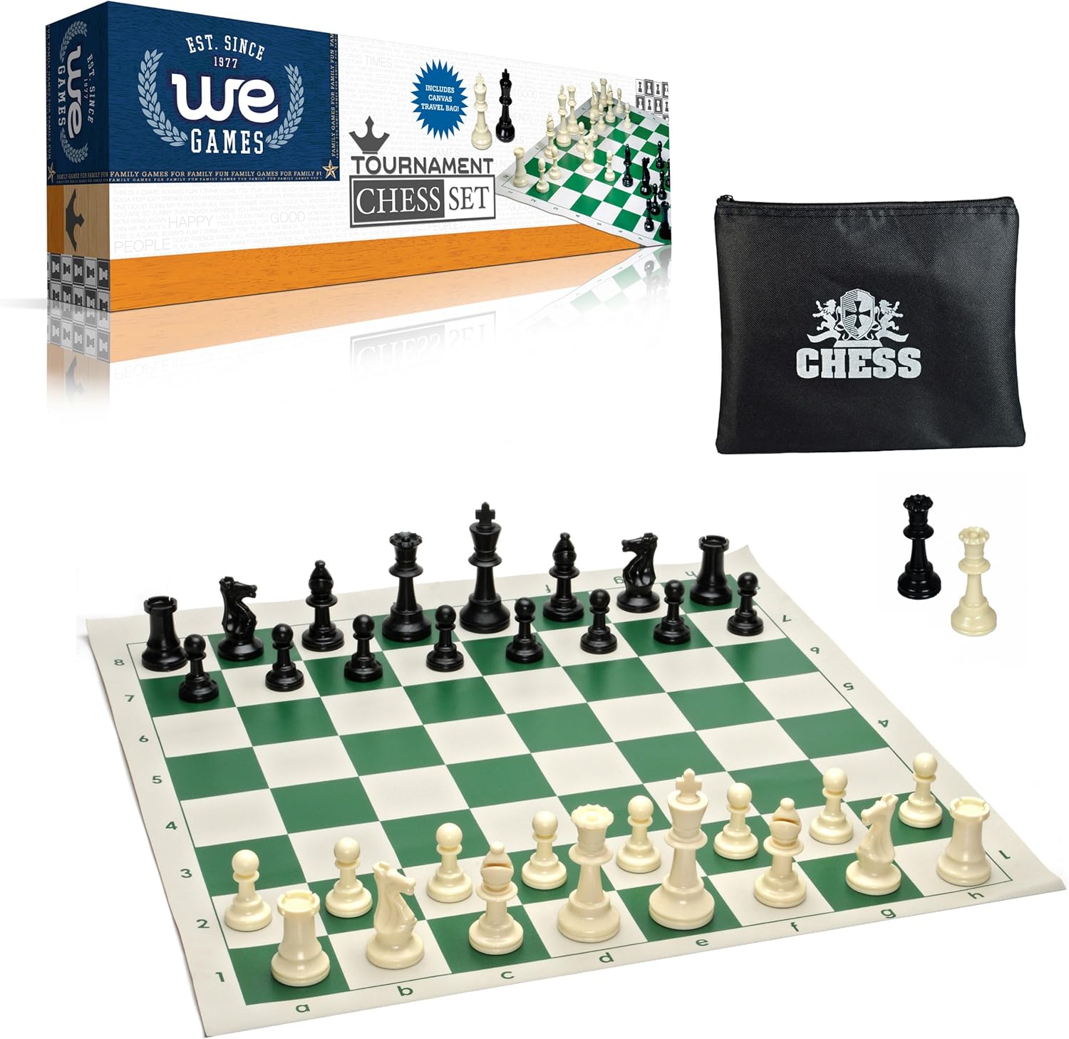WE Games Travel Tournament Chess Set with Heavy Weighted Chess Pieces, Green Roll-up Chess Board & Zipper Pouch for Pieces, Board Games for Adults and Family Games