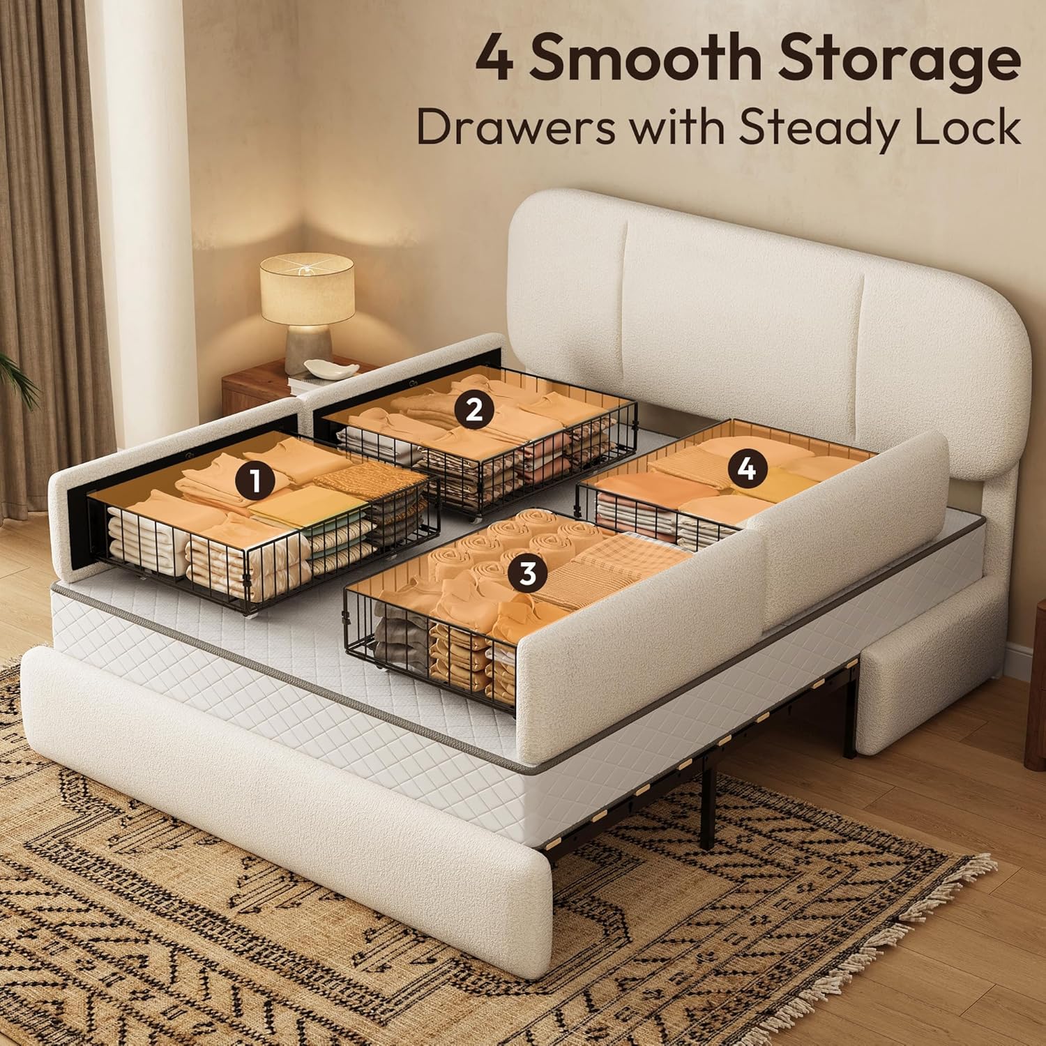 Queen Size Bed Frame with Storage, Boucle Cloud Bed with 4 Locking Drawers & LED Lights, Modern Upholstered Platform Bed, Plush Sides & Footboard, Adjustable Headboard, No Box Spring, Beige