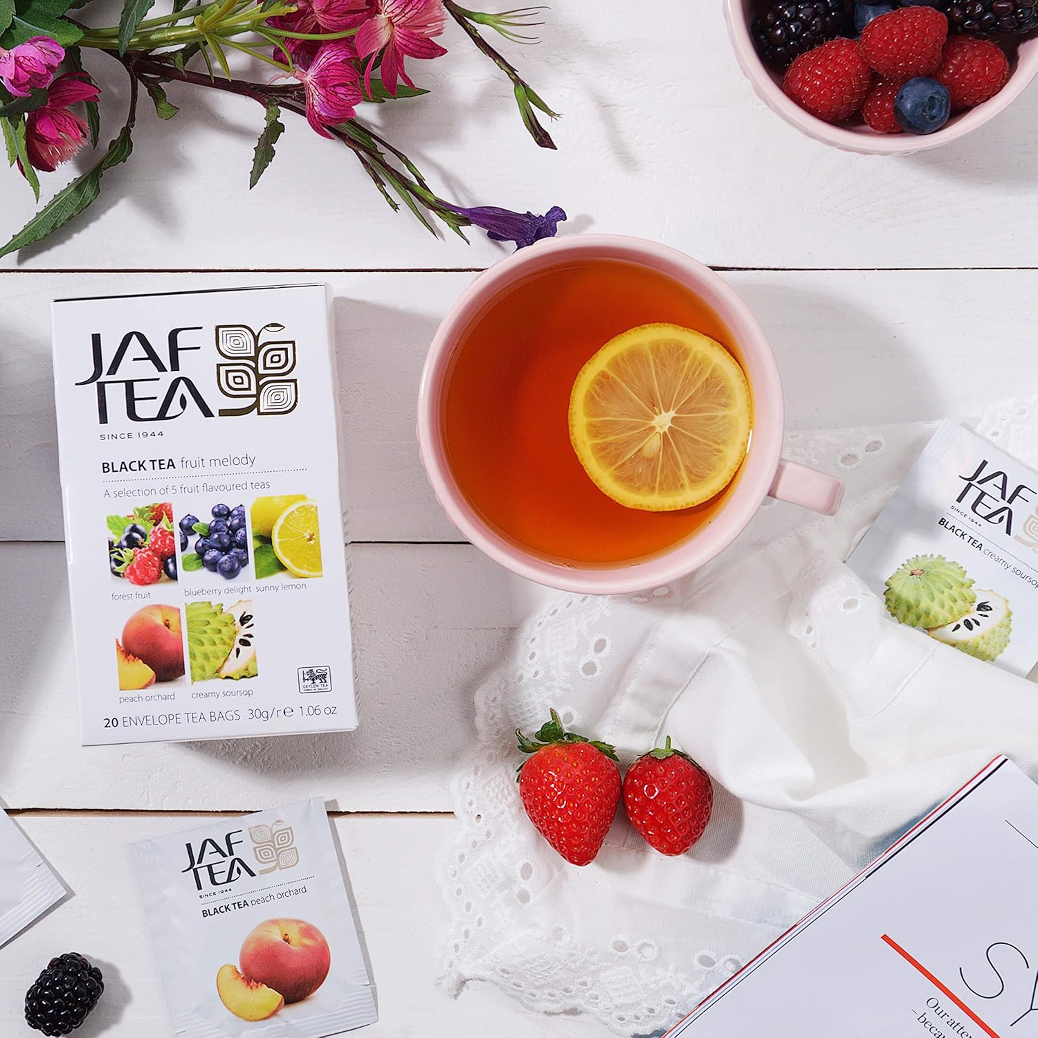 JAF TEA - Black Tea Fruit Melody, 5 Flavors of Fruit Tea - 6 Boxes, 120 Tea Bags (20 each) - Delicious Hot or Iced Tea