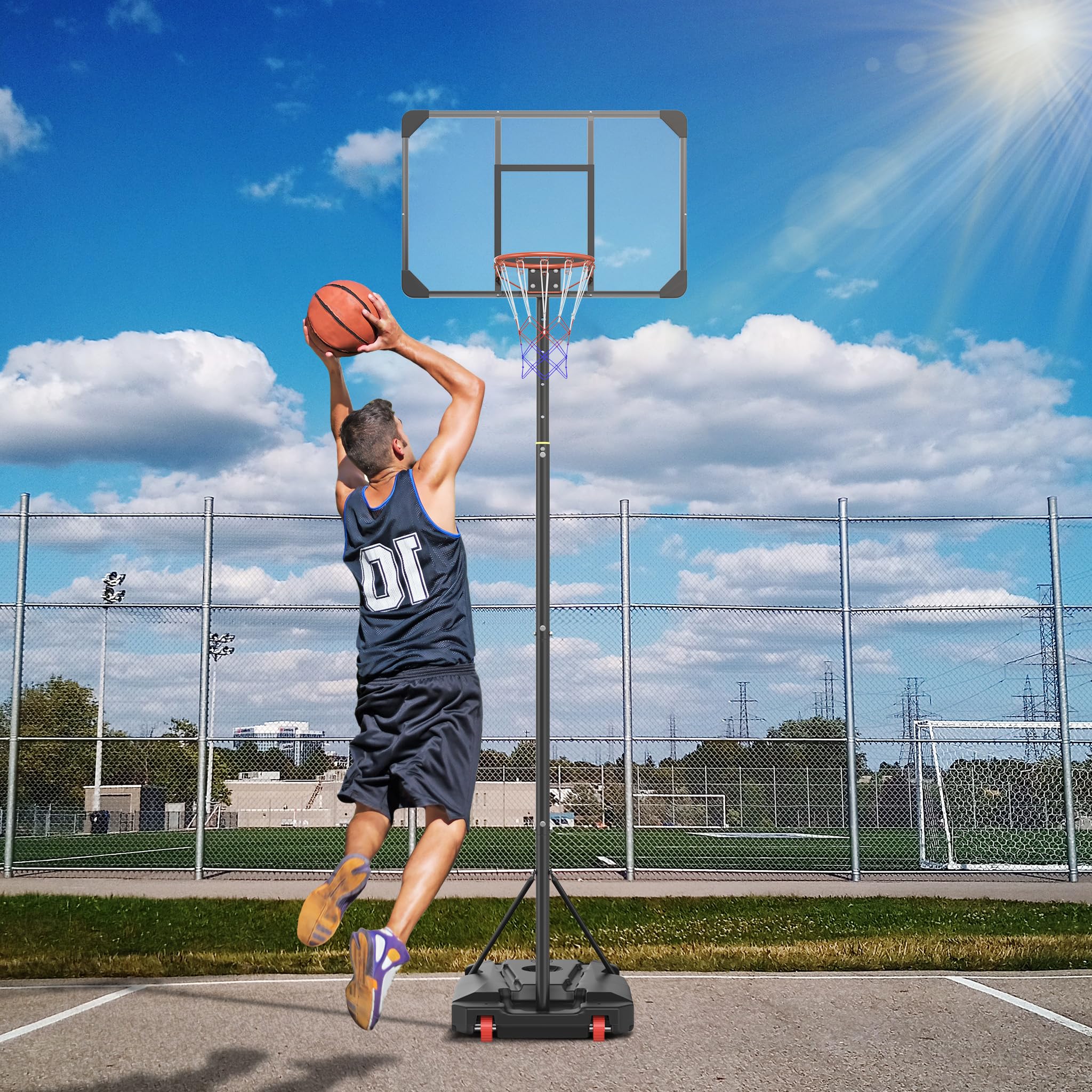 LZQ Basketballkorb höhenverstellbar 150-260 cm mit Rollen, Basketballständer Outdoor mit Ball & Pumpe, Tragbarer Basketballständer mit PE Standfuß, Basketballanlage für Garten Einfahrt Freizeit