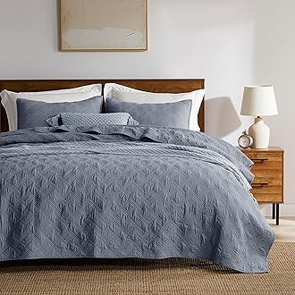 WDCOZY 100% Cotton King Size Quilt Set - Dusty Blue Pre-Washed Soft Lightweight Modern Bedspread, Farmhouse Country Rustic Coverlet, Textured Like Linen, Shabby Chic Gauze Bedding, 3 PiecesOEKO-TEX STANDARD 100