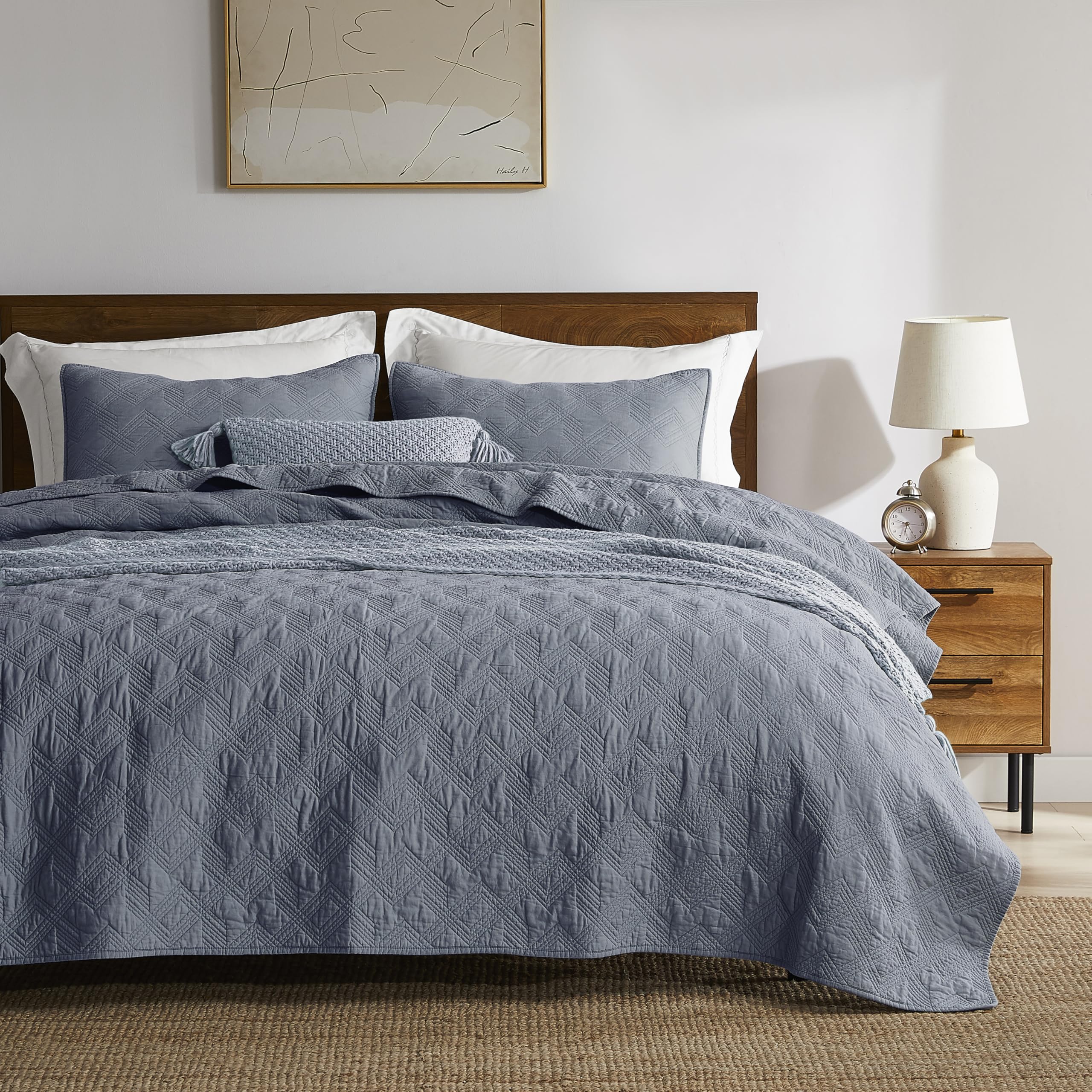 WDCOZY 100% Cotton Twin Size Quilt Set - Dusty Blue Pre-Washed Soft Lightweight Modern Bedspread, Farmhouse Country Rustic Coverlet, Textured Like Linen, Shabby Chic Gauze Bedding, 2 Pieces