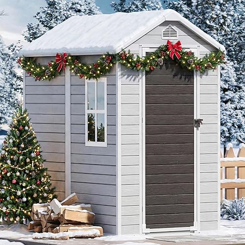 4x6 FT Small Plastic Sheds Resin Outdoor Storage with Floor Included, Waterproof Mini Garden Tool Shed Cabinet