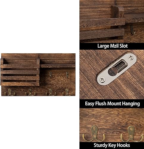 Miniatura 4 de Soporte para llaves decorativo de pared, organizador de correo de madera, 4 ganchos dobles, 2 ganchos individuales con estante flotante, incluye