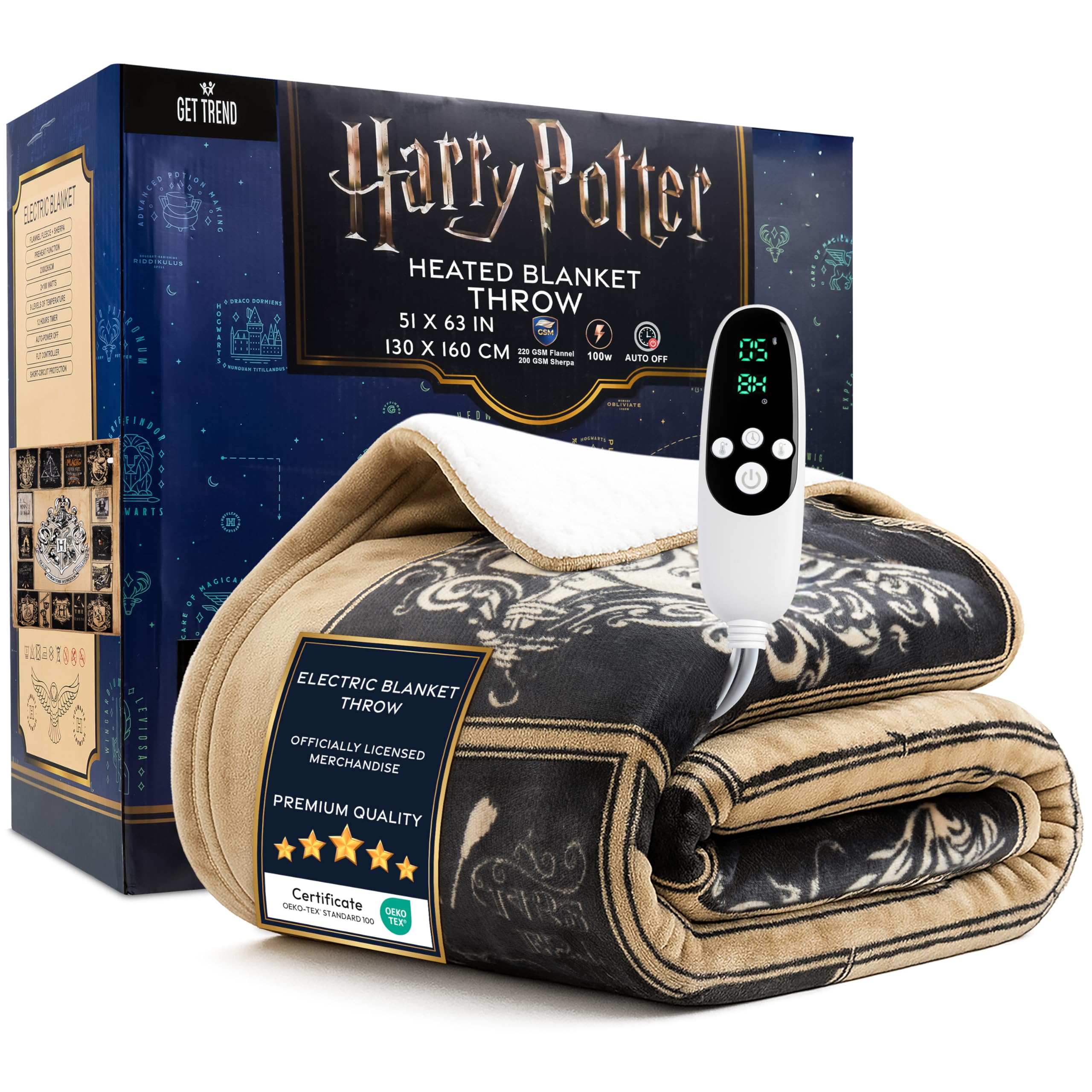 Harry Potter Electric Blanket 130x160cm, Single Size Soft & Luxurious Sherpa Fleece Heated Blanket, 9 Heat Settings & 12-Hour Auto-Off Timer (Multi Harry Potter, Throw UK)
