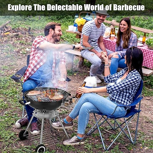 Miniatura 6 de Parrilla de carbón portátil de 28 pulgadas con ruedas y soporte de almacenamiento, tapa esmaltada de porcelana y captador de cenizas y termómetro,