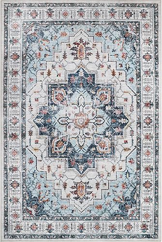 Miniatura 2 de zesthome Alfombras de 3 x 5, lavables a máquina, para entrada, resistentes a las manchas, antideslizante, con patrón de medallón vintage (azul, 3 x