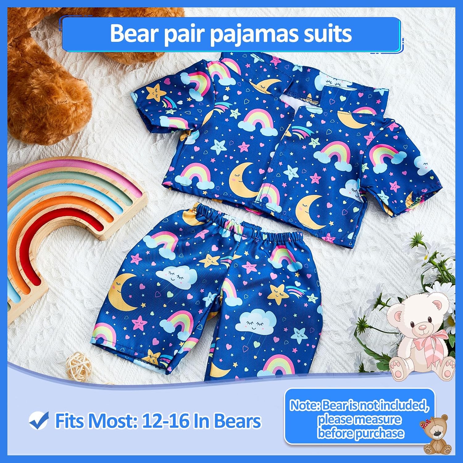 2 Pcs PJ's Bear Clothes Outfit, Fit Most 12-16 Inch Bears Stuffed Clothes Pajamas Plushy for Stuffed , Pre Kindergarten Toys(Blue,Pajamas)