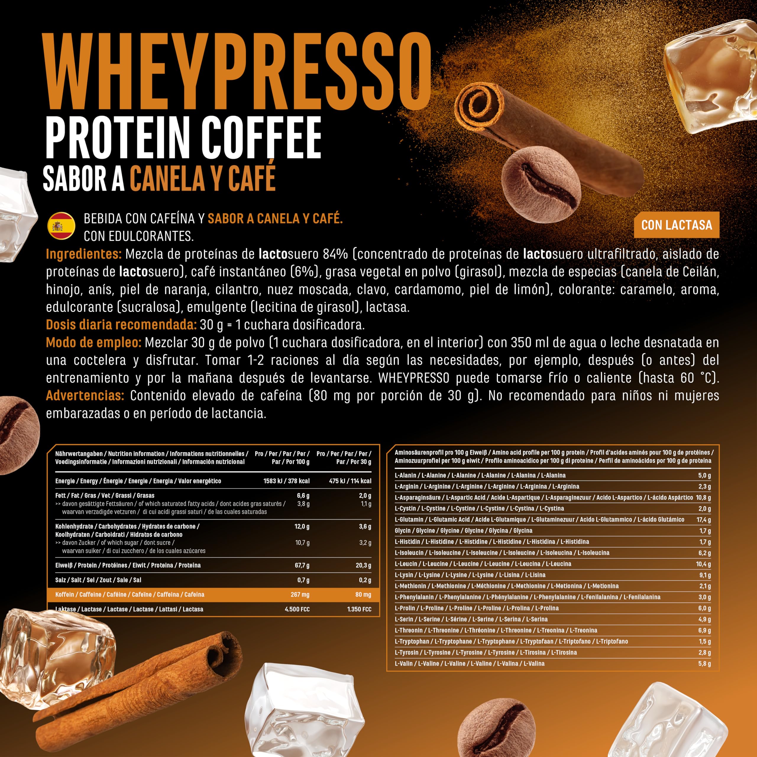 Wheypresso Protein Coffee - Proteína en polvo con concentrado y aislado de suero de leche - Con auténtico café y cafeína - Bebida cremosa rica en proteínas - (908 g, Café Latte con Canela)