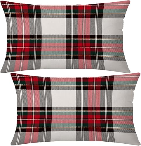 Miniatura 1 de Juego de 2 fundas de almohada de Navidad de 18 x 18 pulgadas, color rojo, verde y blanco, a cuadros, decoraciones de vacaciones de invierno, fundas