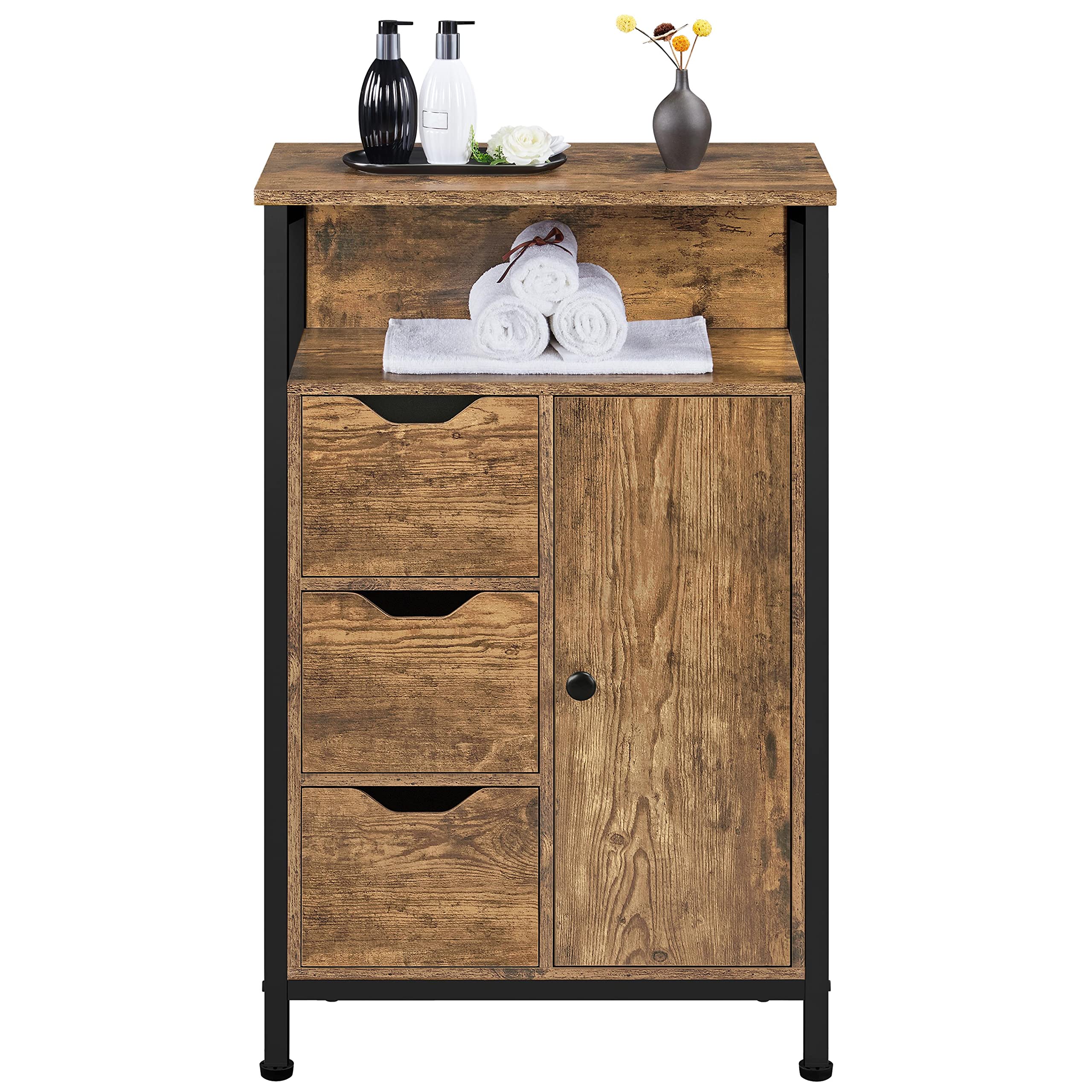 Yaheetech Meuble de Rangement Salle de Bains, 55,5× 30× 86,5 cm Brun | Armoire sur Pieds, Buffet Multifonctionnel Industrielle, avec 3 Tiroirs et 2 Etagères Réglables, pour Salon, Cuisine, Chambre