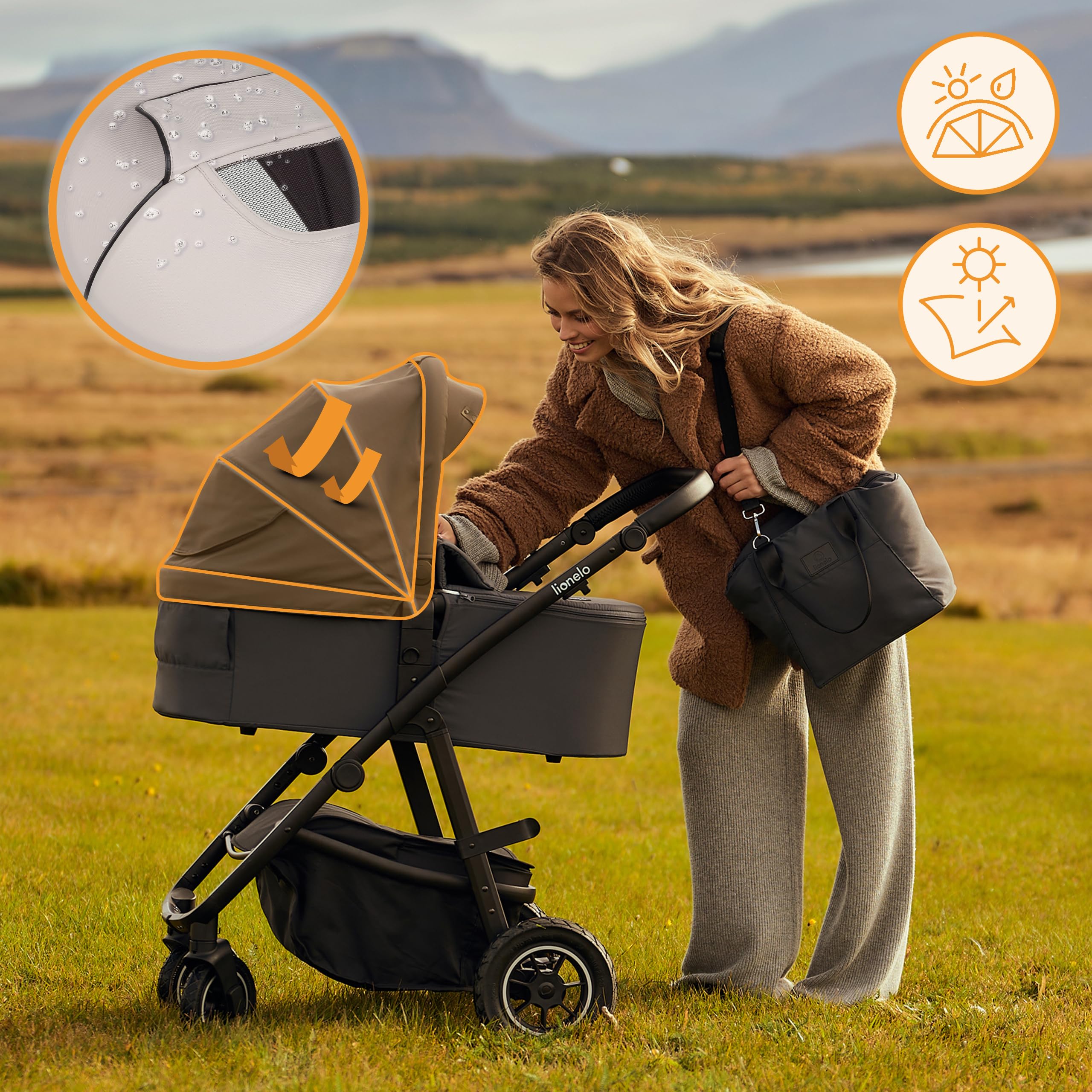 LIONELO AMBER PLUS 2 w 1 Spacerowy Wózek Dziecięcy od 0 do 4 lat do 22kg z Gondolą XL, Regulacja Oparcia, 5 Punktowe Pasy Duże Terenowe Koła 360o Budka XXL Amortyzacja Spacerówka