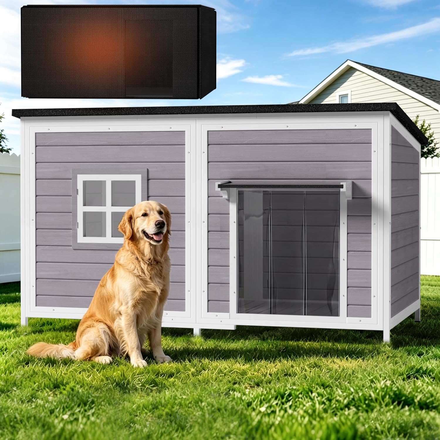 59" Outdoor Dog House with Insulated Liner, Extra Large Breed Dog Kennel, Keep Warm in Winter Outside, Easy to Install Heated Anti-Chewing Metal Frame Design for Small Medium Large Dogs