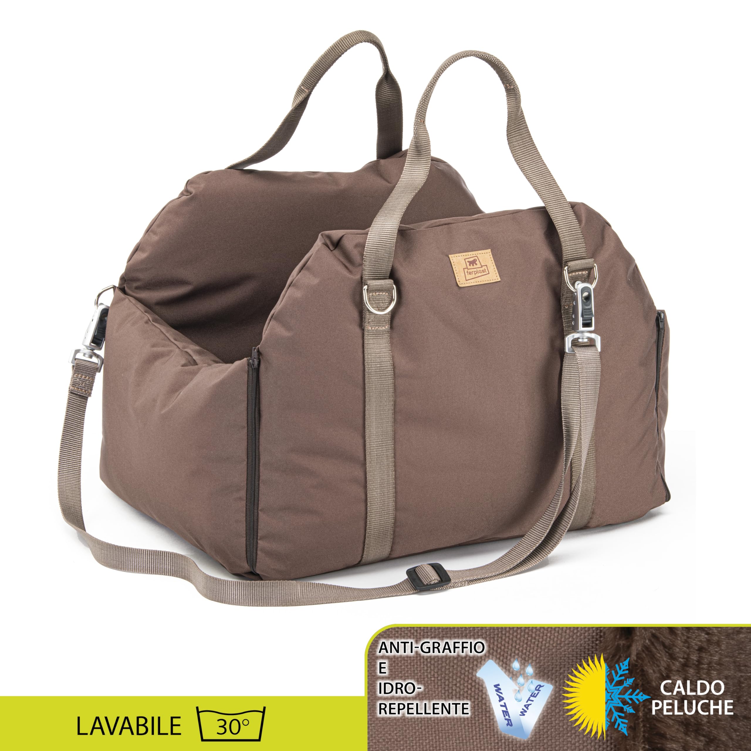 Ferplast Borsa per Cani CRUISER 3-in-1, Trasportino e Sedile Auto, con Tracolla e Maniglie, Cuscino Reversibile, Fissaggio Sicuro con Cinghia e Moschettone Magnetico, 52 × 46 x h 35 cm, Marrone