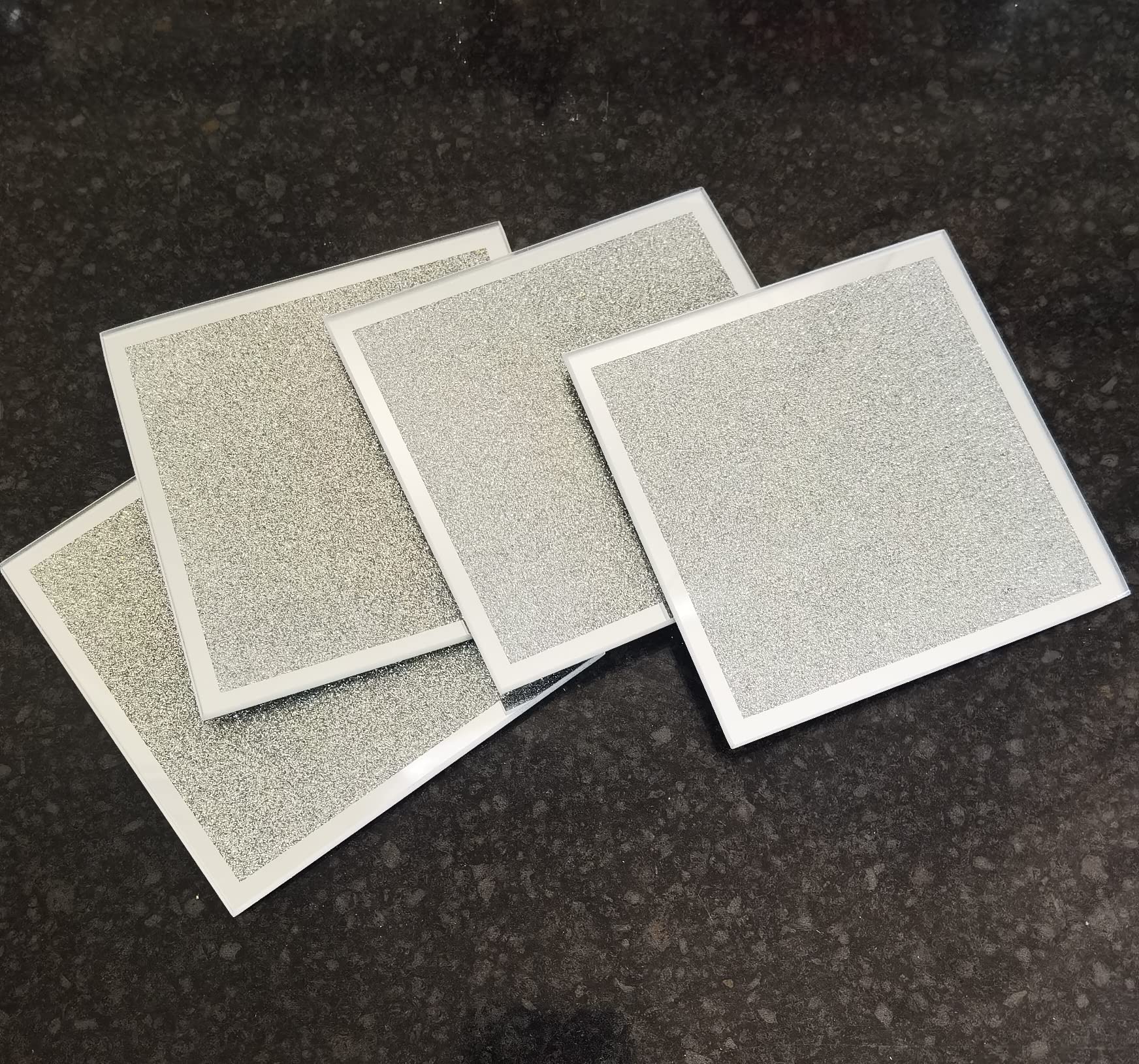 Biznest Glitter Glass Square Shaped Sparkle Coasters 10X10Cm & Placemats 20X30Cm Set Dining Table Mats Kitchen Luxurious Lifestyle Household (4 Coasters)