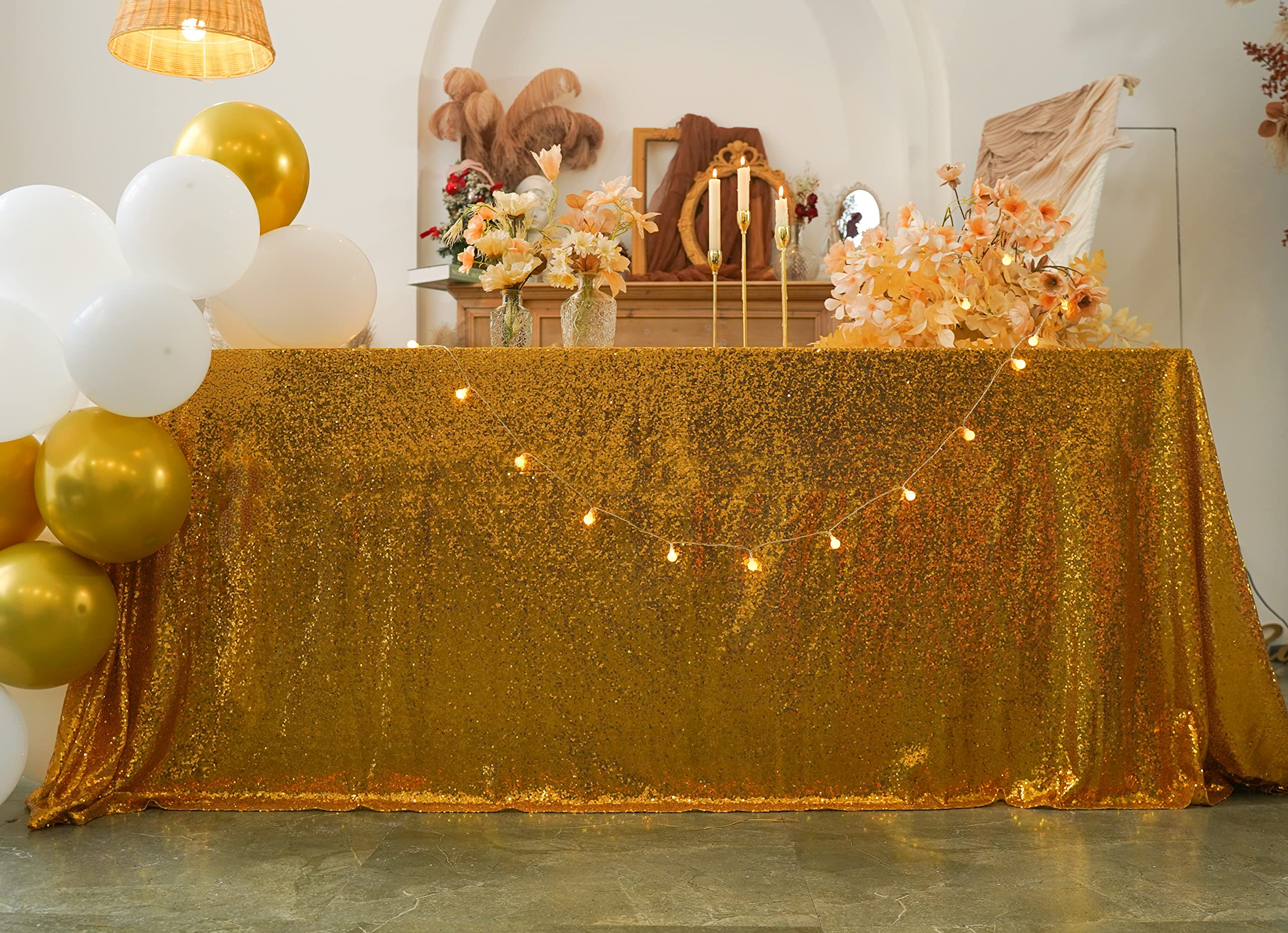 Tovaglia con paillettes dorate, 228,6 x 335,3 cm, tovaglia rettangolare con lustrini, per matrimoni, compleanni, ricevimenti, decorazioni natalizie