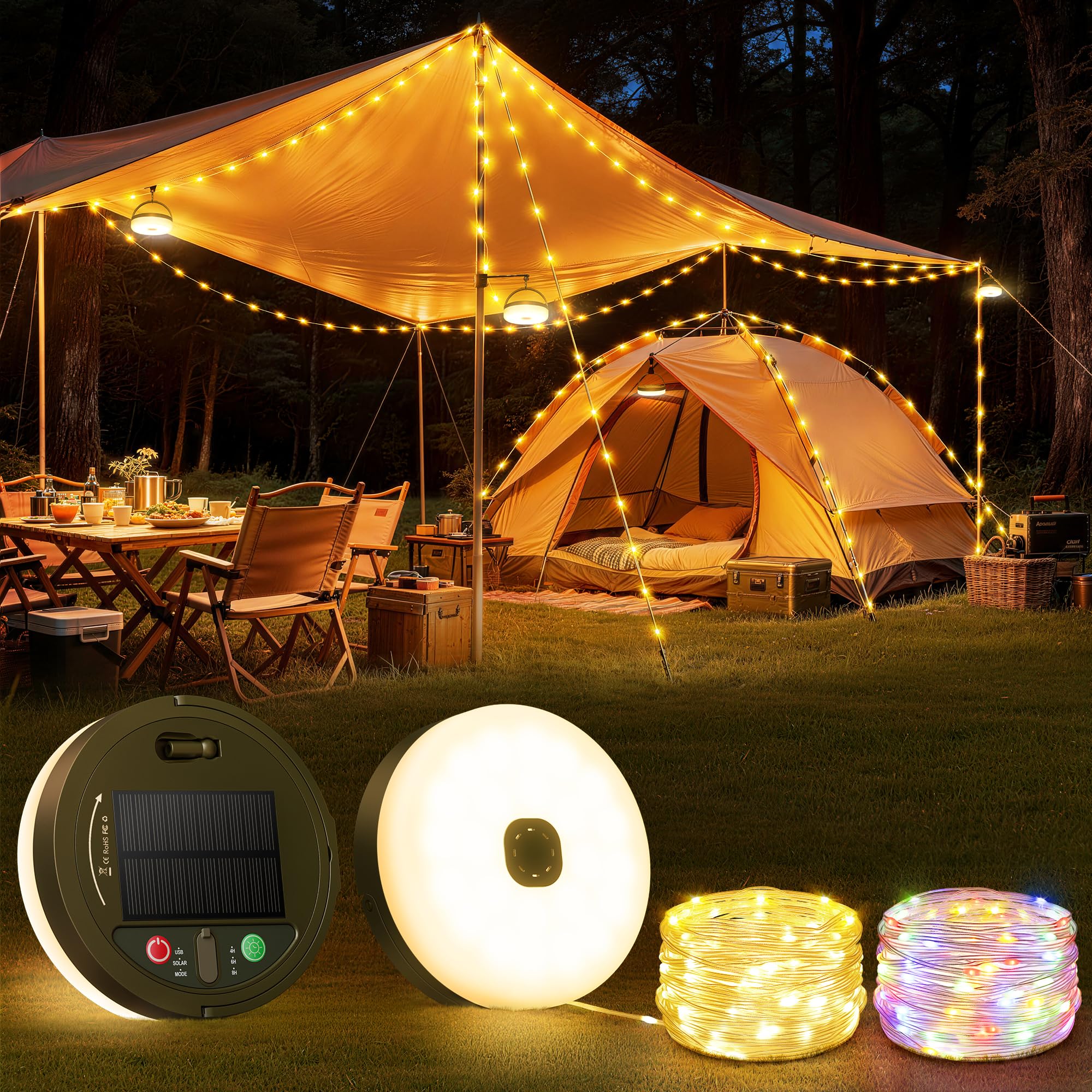 Famgoods Green Solar Camping Lights With 13 Lighting Modes, 32.8Ft Solar And Usb Rechargeable Retractable Camping Solar Lights, Ip65 Waterproof Multicolor&Warm Camping String Lights For Outdoor Indoor Decor