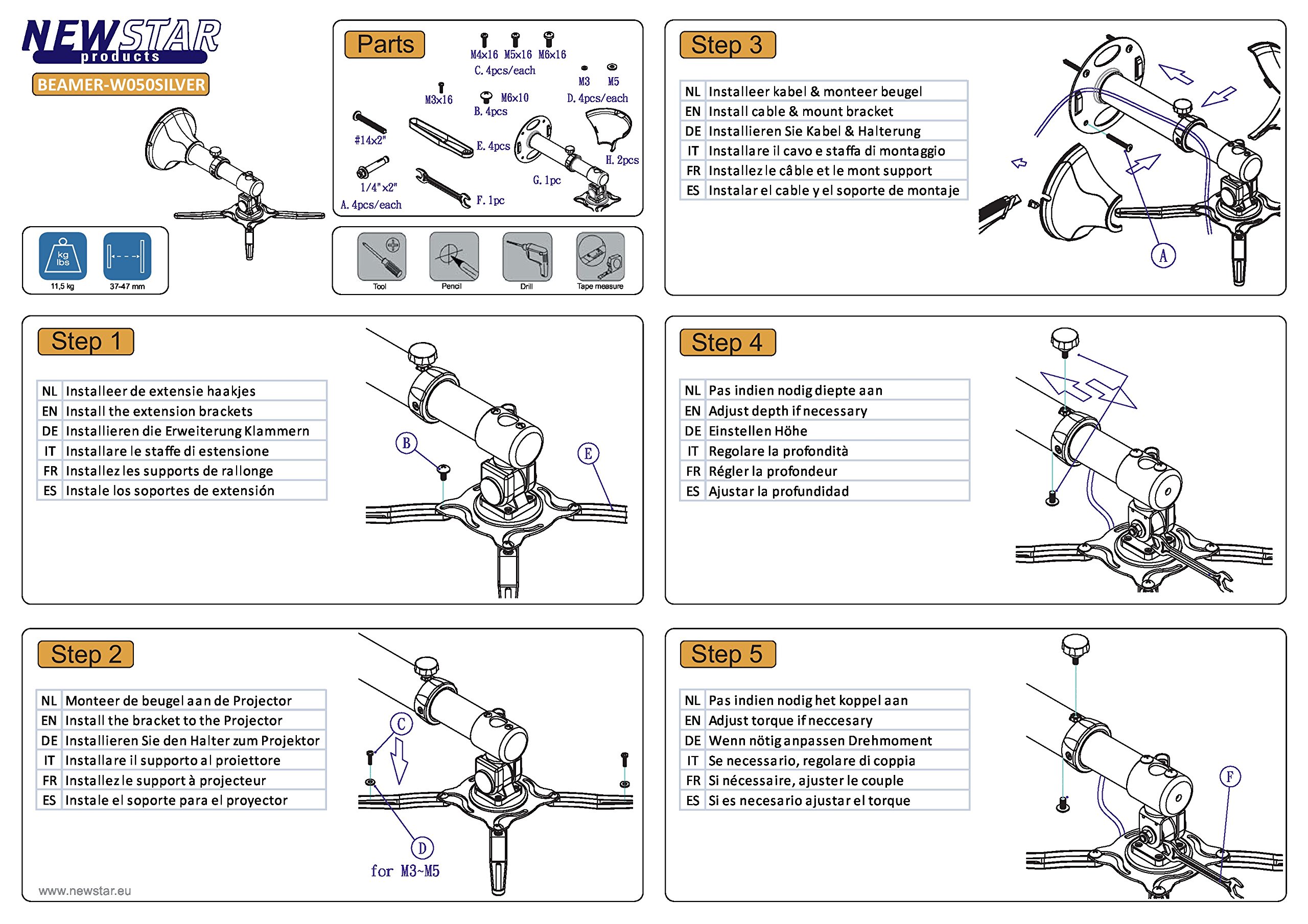 Newstar BEAMER-W050SILVER - Soporte de pared universal para beamers y proyectores