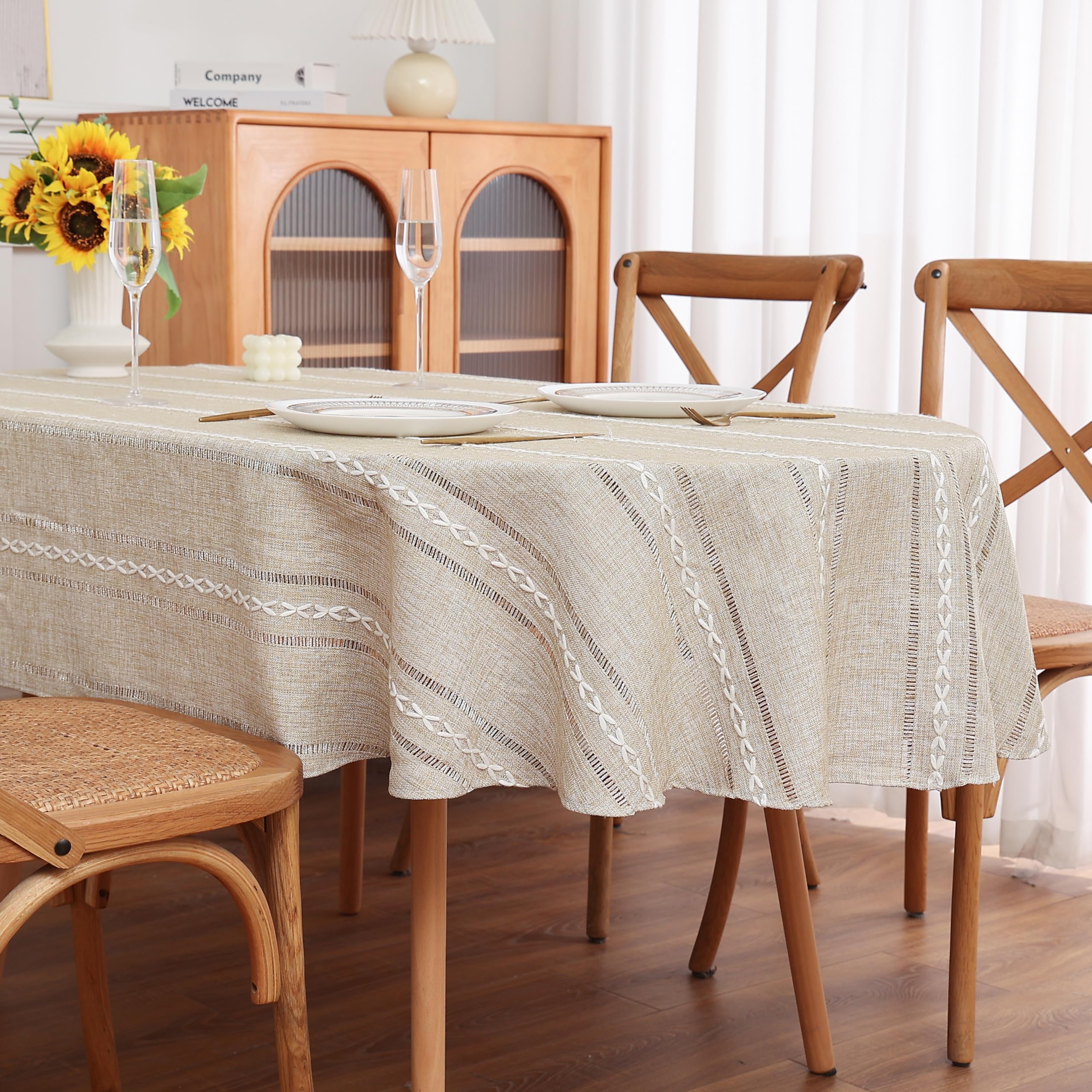 gernaice boho striped oval tablecloth, linen fabric cut-out embroidery style table cover dust-proof decoration for dining kitchen home party oval table, brown 53”x70