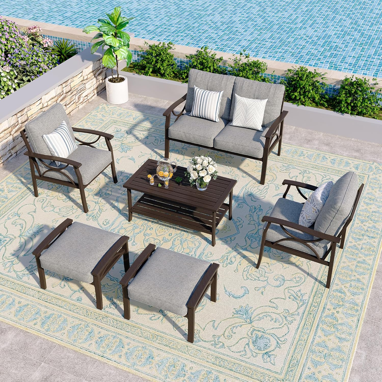 FansaFurn 6-Piece Outdoor Patio Furniture Set, Outdoor Metal Sectional Furniture with Cushions, Outdoor Conversation Seating Set with Coffee Table for Backyard, Garden, Balcony, Deck, Grey