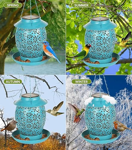 Miniatura 4 de Large Solar Metal Bird Feeders for Outdoors Hanging, JREWE LIOUS Rain Proof Wild Bird Feeder for Cardinals, 3LBs Heavy Duty Birdfeeder with S Hook,