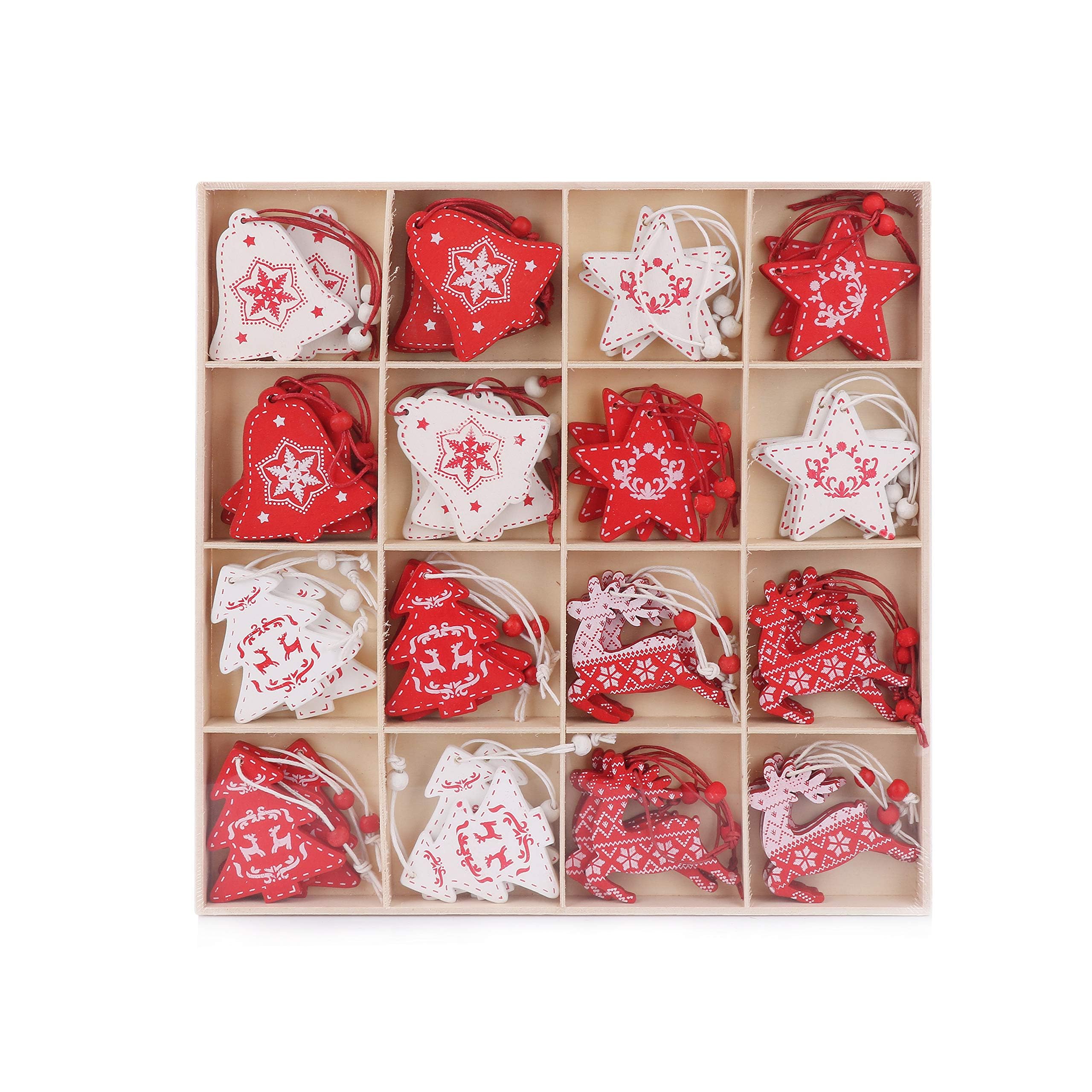 Wooden Christmas Tree Decorations - 48 Pieces - Stars, Reindeer, Christmas Trees & Bells