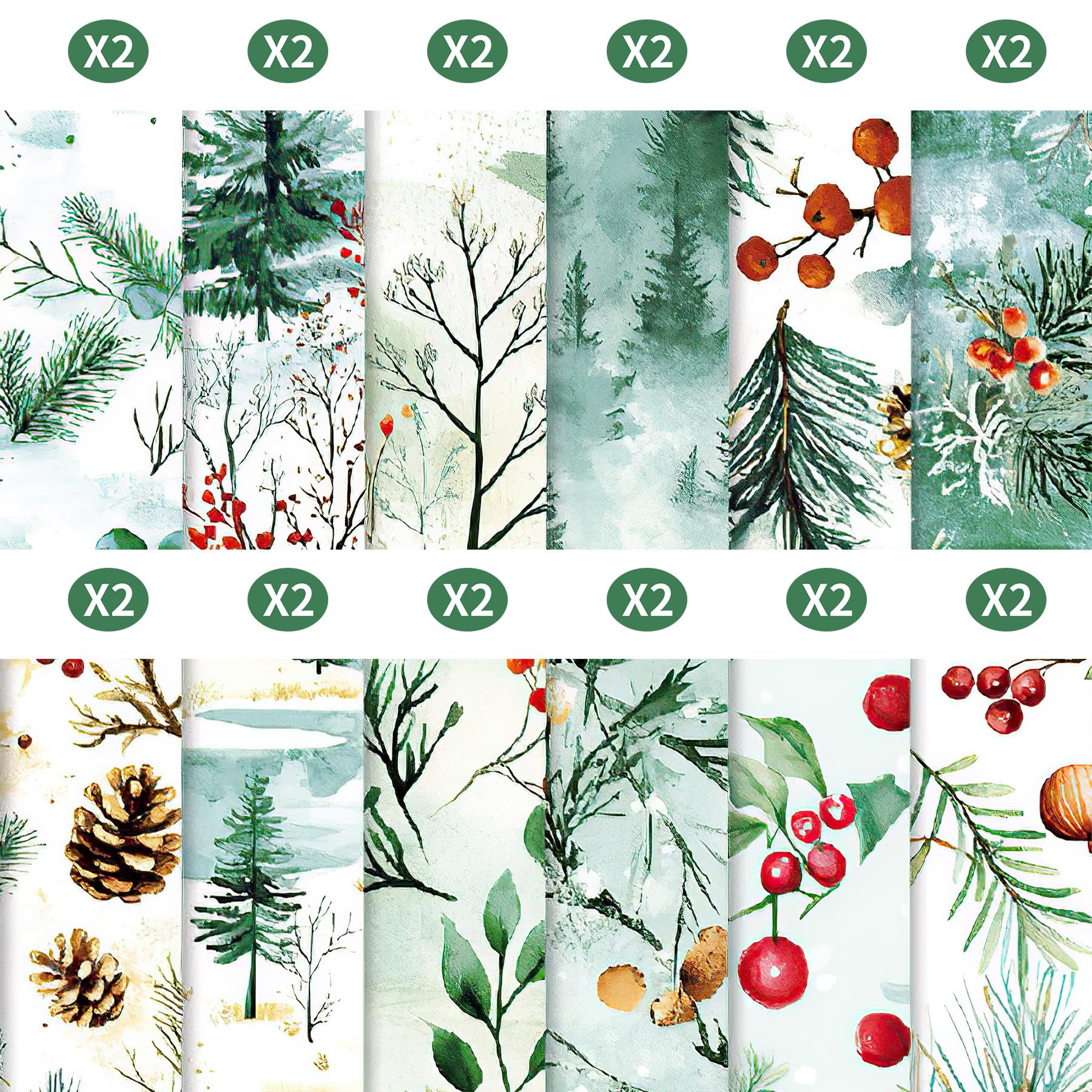 24 arkusze papieru do scrapbookingu, choinka, zielona, natura, las, 15 x 15 cm, kartonowe podkładki papierowe, jednostronne, zimowe wakacje, karton do samodzielnego wykonania kart, albumu