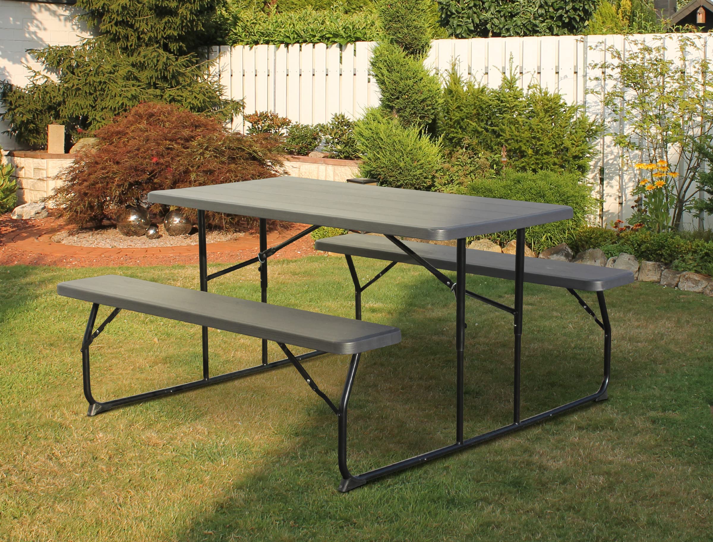 Dynamic24 Bierzeltgarnitur Set Tisch 2 x Bank für drinnen draußen klappbar Kunststoff Holzoptik Gartengarnitur Klapptisch Gartentisch Campingtisch Bierbänke Gartenmöbel Sitzgruppe Möbel Sitzgarnitur