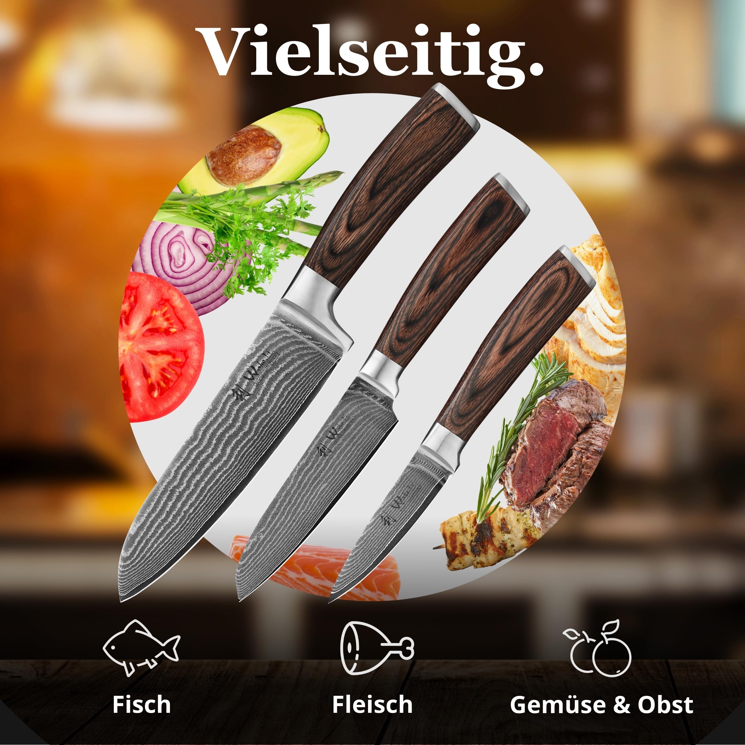 Wakoli EDIB 3-teiliges Küchenmesser Set aus echtem Damaststahl (VG10 Kern) in Geschenkbox aus Holz – Scharf & ergonomisch – Damastmesser Set mit Pakkaholzgriffen
