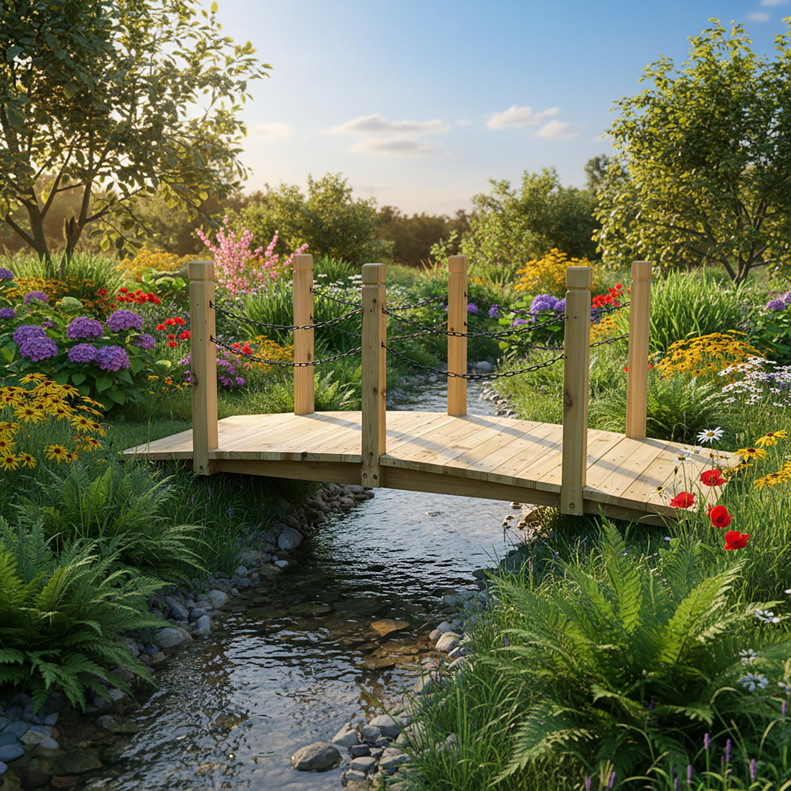 Pont de Jardin Relaxdays, poteaux et chaînes, Sapin, pour Bassin, H x l x P : 55 x 150 x 67 cm, Choix de Couleurs